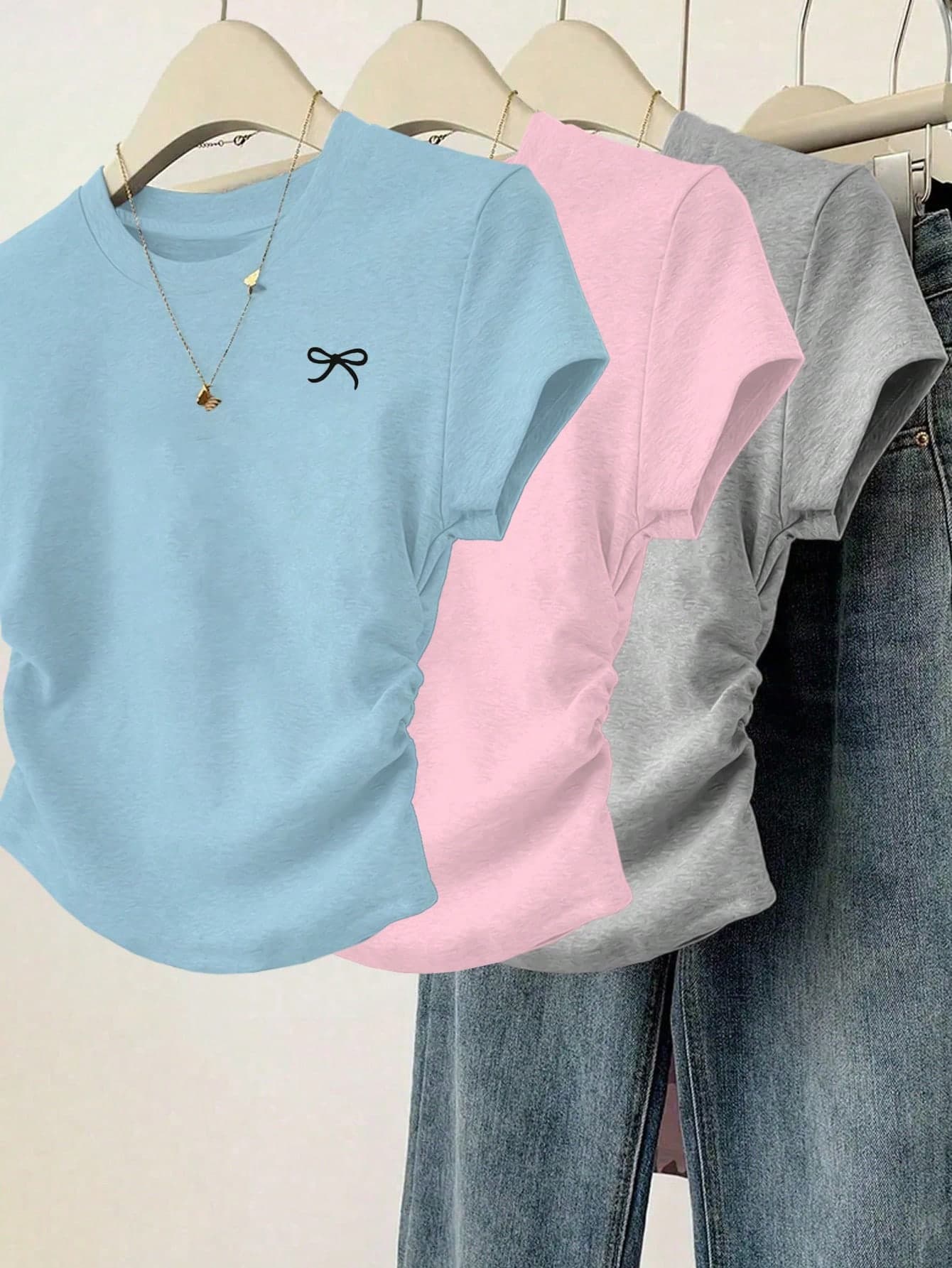 3pcs/Set Women Simple Plain Ruched Bowknot Decor Print Slim Fit Crewneck Short Sleeve T-Shirts Casual Summer