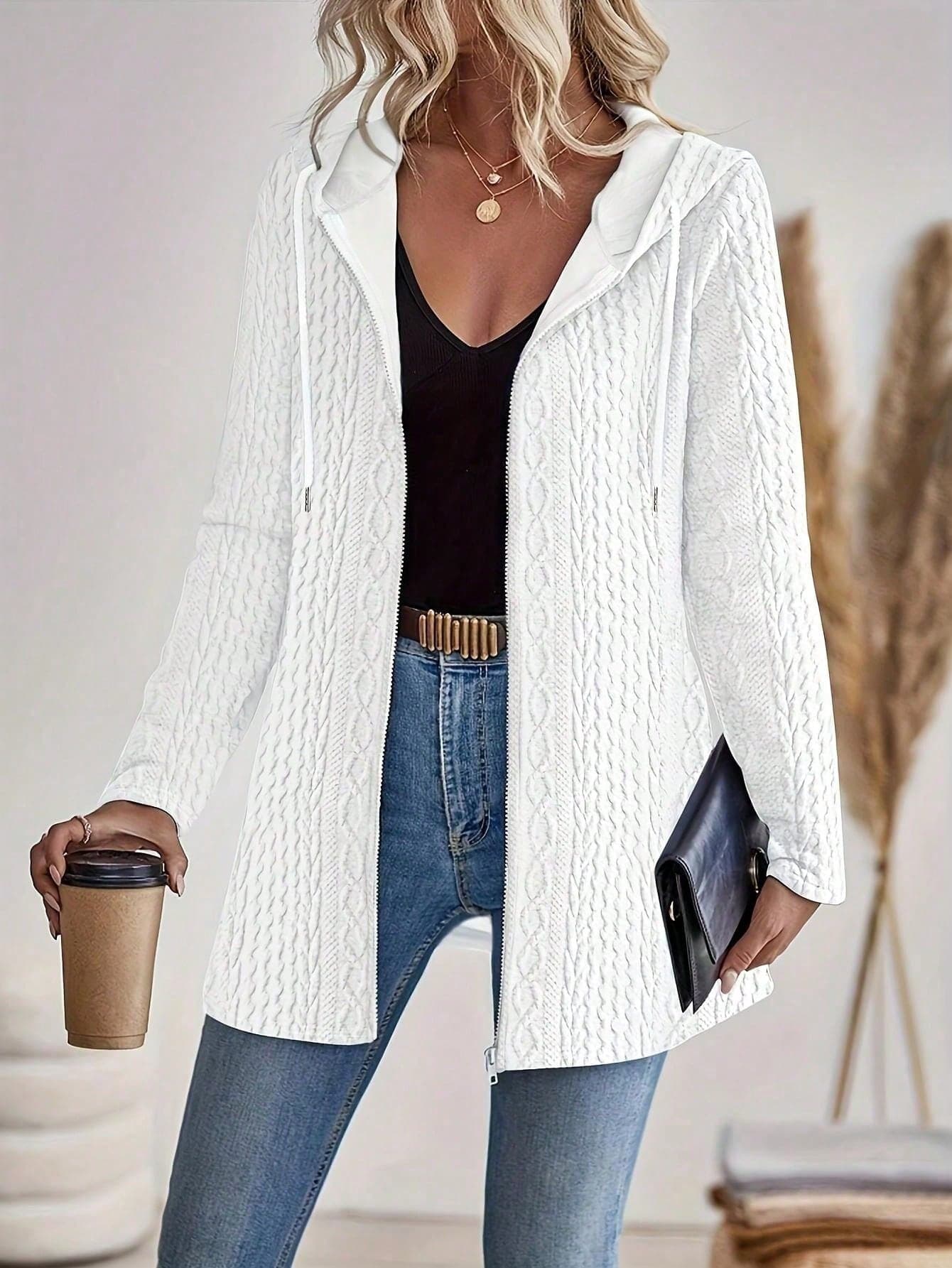 Plus Size Women Fashion Elegant Textured Solid Color Zipper Hooded Cardigan Outerwear, Autumn/Winter White Spring