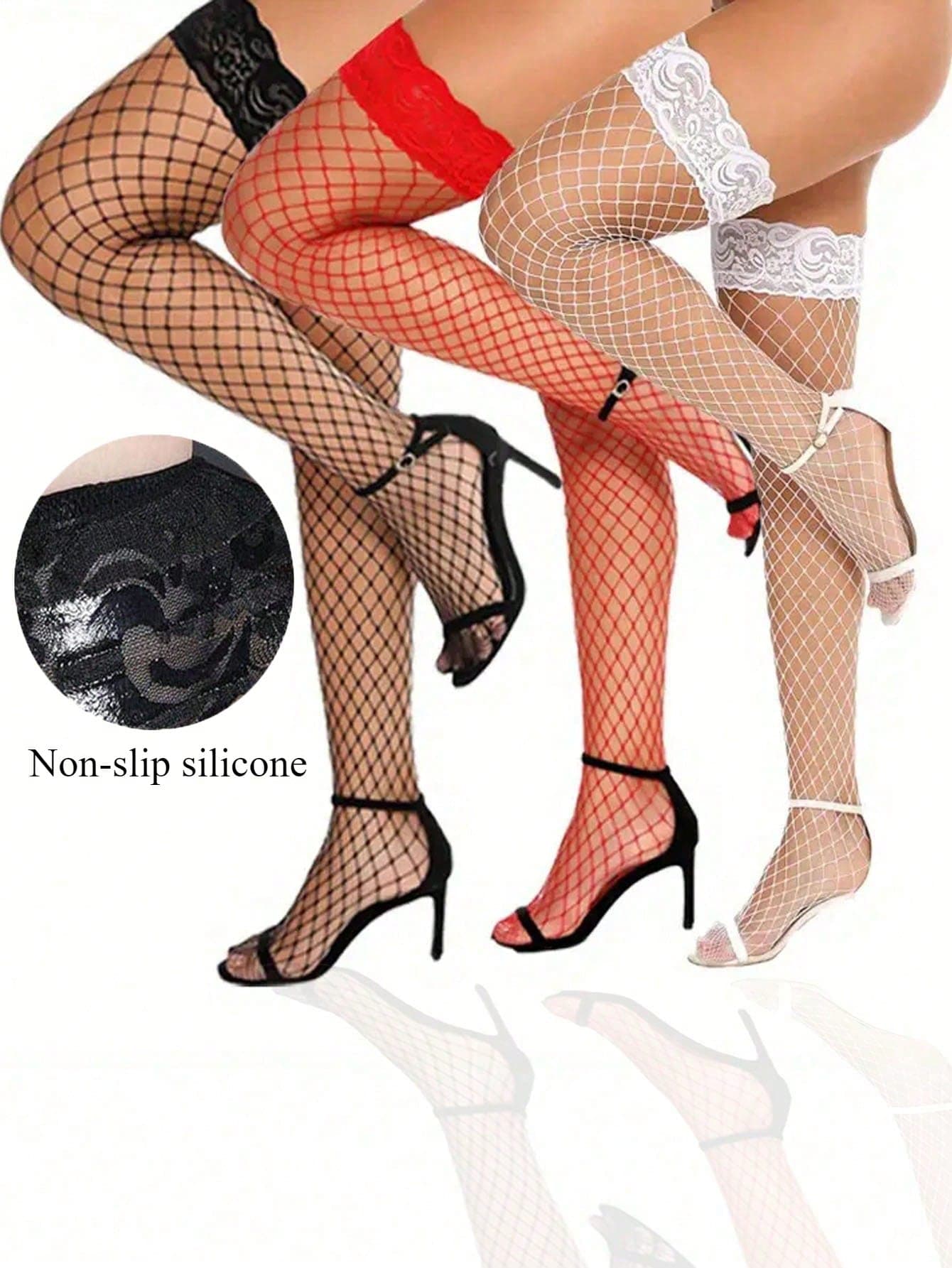 1 Pair Women Plus Size Sexy Lace Hollow Out Fishnet Knee High Socks With Anti-Slip Silicone