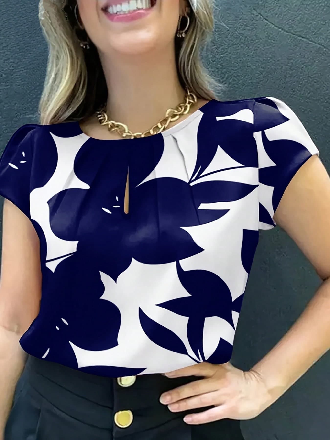 Women's Random Print Short Sleeve Shirt - Casual Round Neck, Loose Fit, Polyester Blouse For All Seasons Summer Vacation