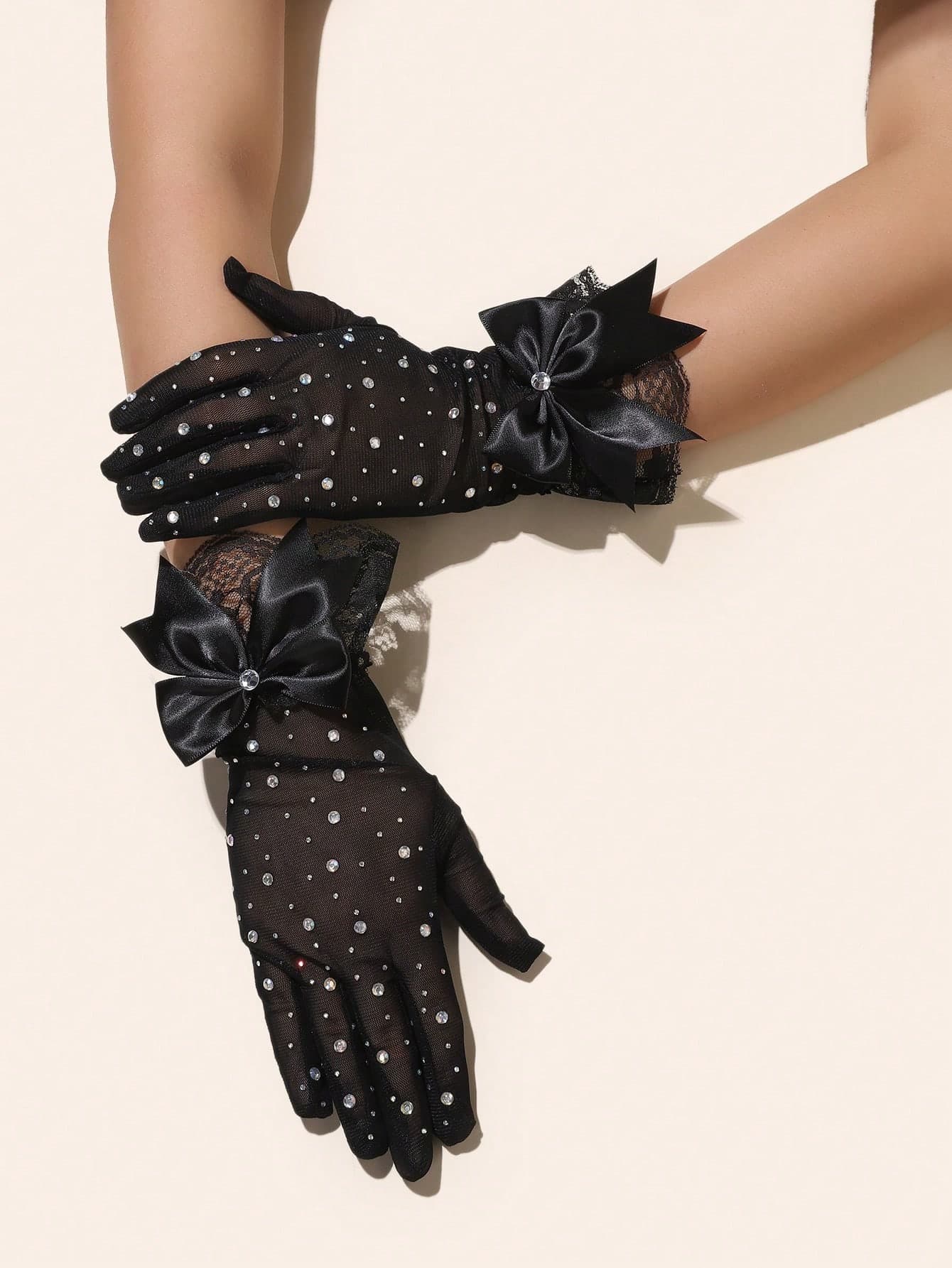 1 Pair Rhinestones Decorated Lace Bowknot Short Gloves, Elegant Ladies Accessories