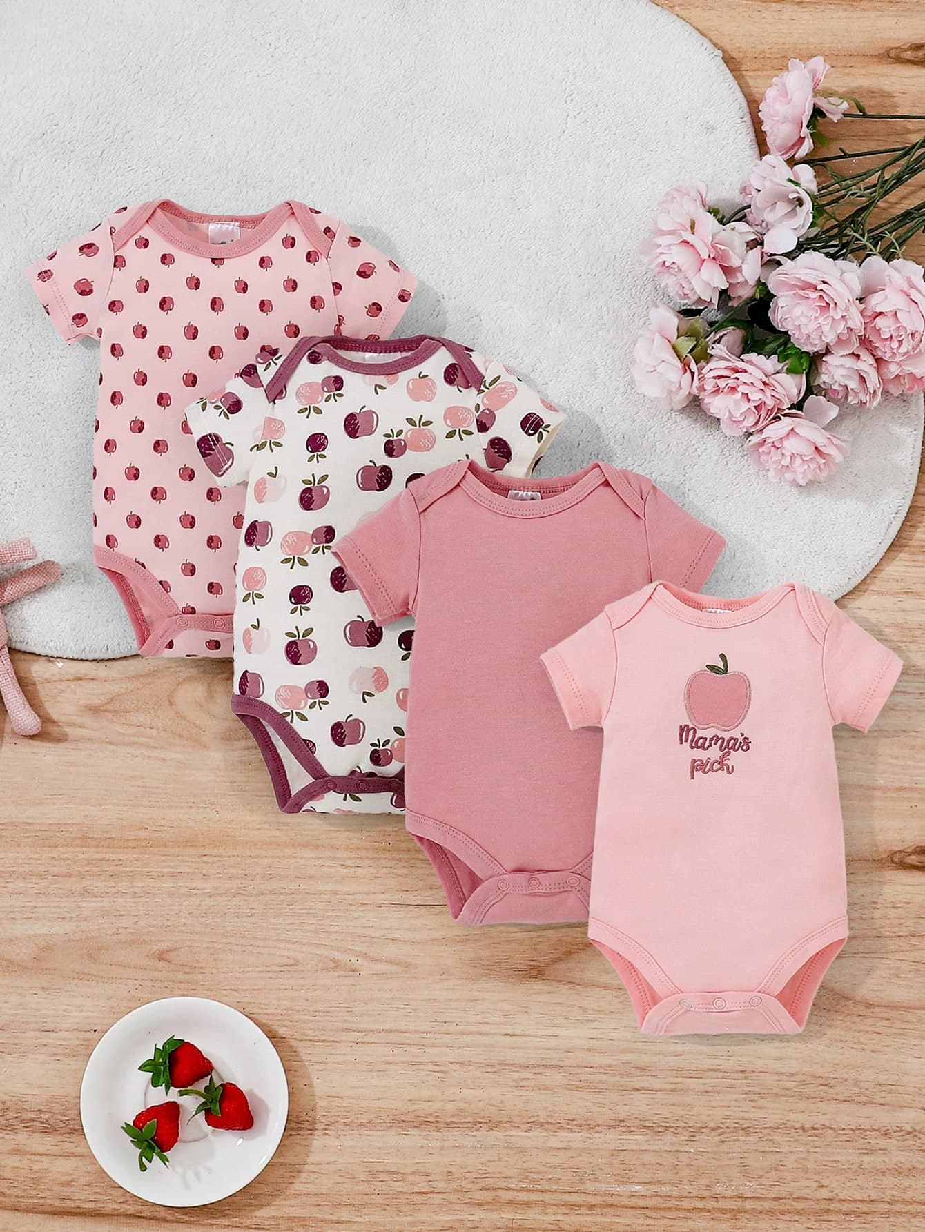 4pcs/Set Infant Short Sleeve Bodysuit 0-1 Year Old Baby Girl Cute Set