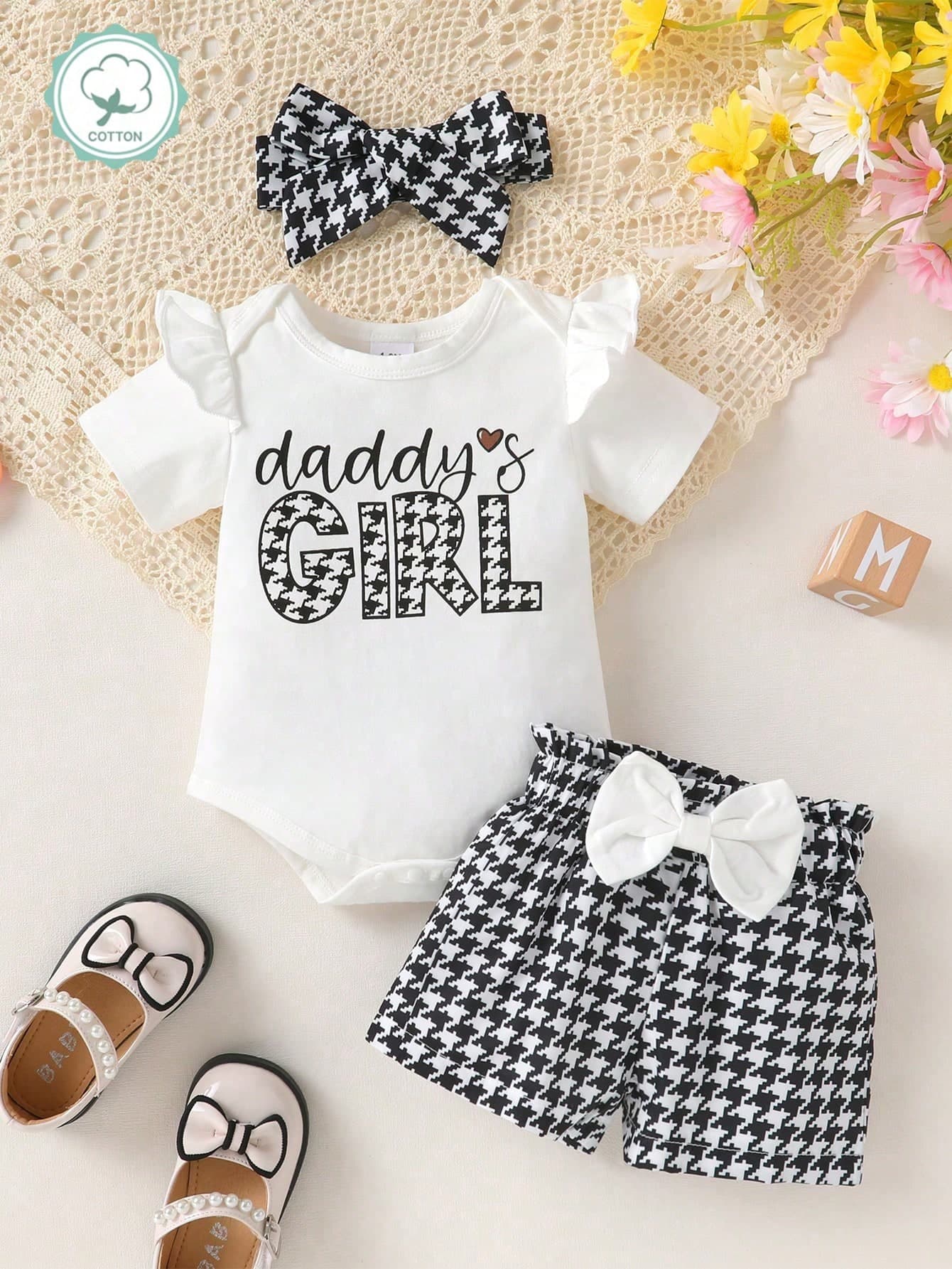 3pcs/Set, Baby Girl, Soft And Comfortable, Casual Cute Elegant, "Daddy's Little Princess" Letter Slogan Ruffle Short Sleeve Bodysuit And Bow Decor Houndstooth Shorts And Headband, Baby Girl Clothing, Infant Clothing, Newborn Baby Girl Clothing, Girls Clothing Set, Suitable For Daily, Party, Vacation, Home, Outdoor Activities