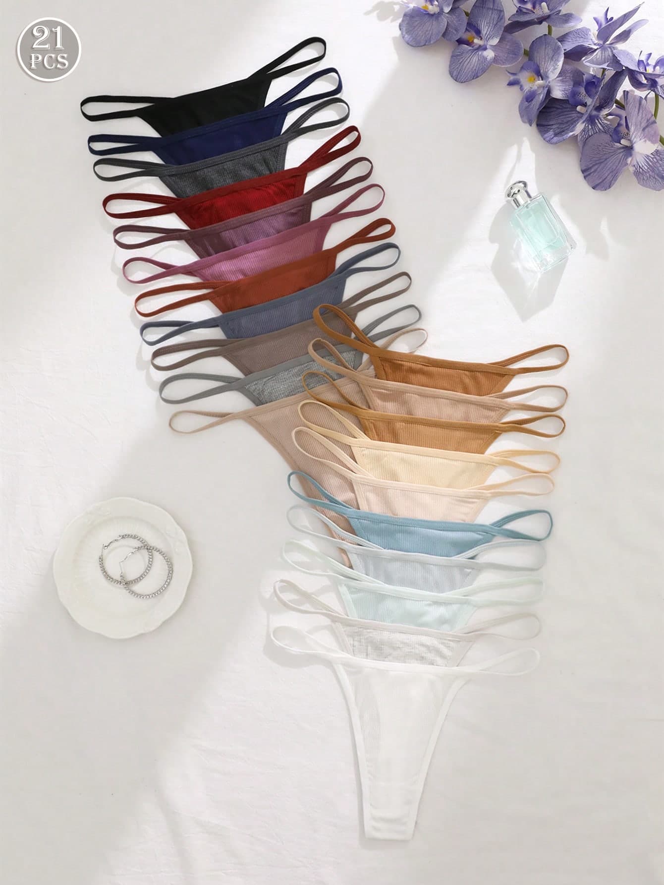 21pcs Women's Multicolor Ribbed & Stiped G-String