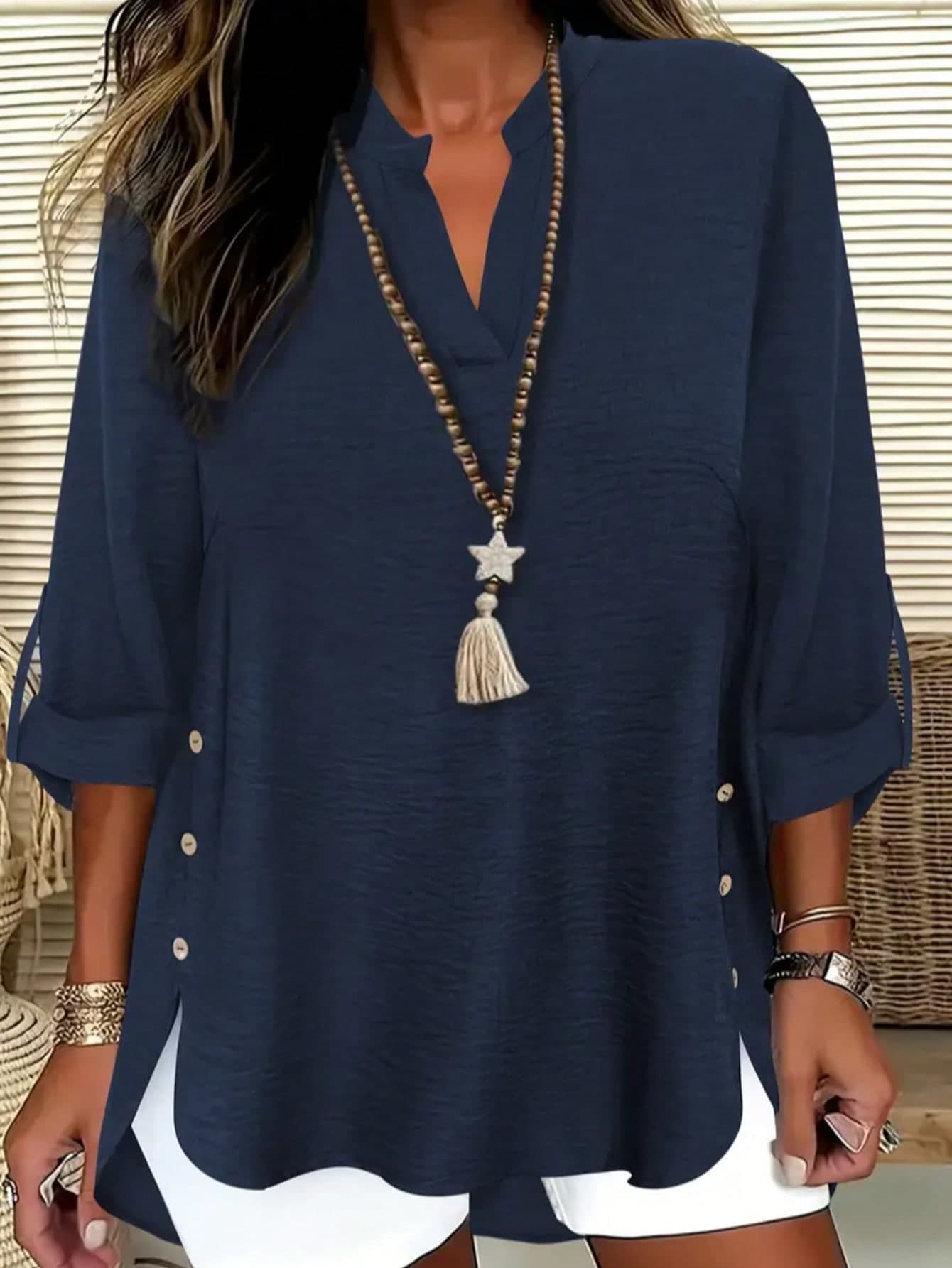 Plus Size Casual Solid Color Button Decoration Cutout Neck Blouse Spring