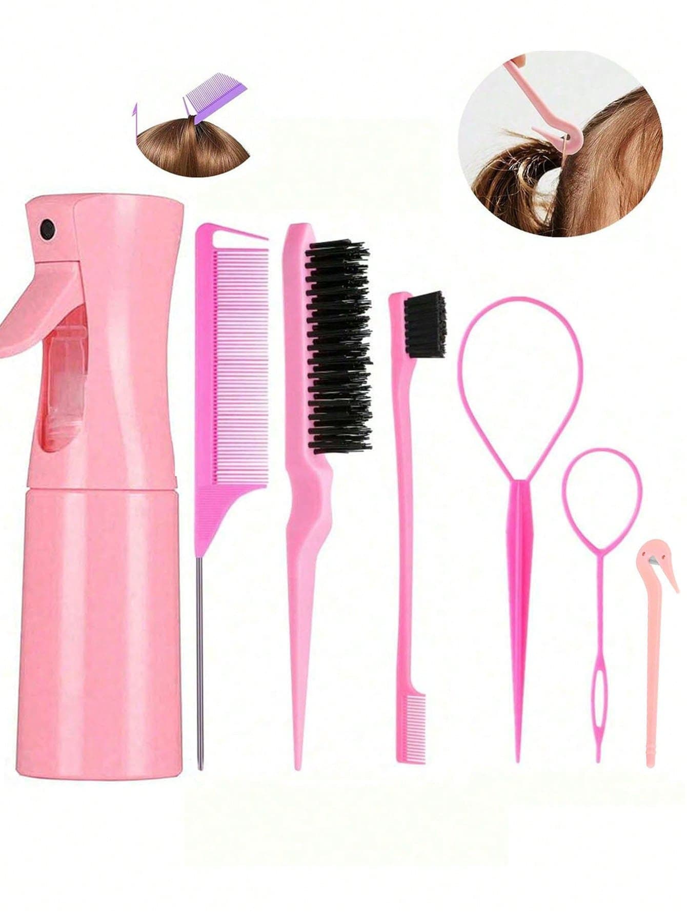 8pcs Pink Hair Styling Tool Set - Spray Bottle, Tail Comb, Volumizing Brush, Bun Maker And Hair Clips, Suitable For Braiding And DIY Hairstyles