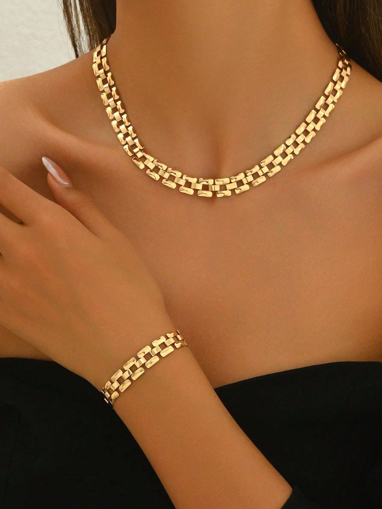 2pcs Minimalist Elegant Necklace + Bracelet Jewelry Set, Fashionable Minimalist Chic Metal Style, Iron Alloy Geometric Square Chain Necklace, Suitable For Daily, Street Style, Festivals, Gift For Friends, Versatile Accessory