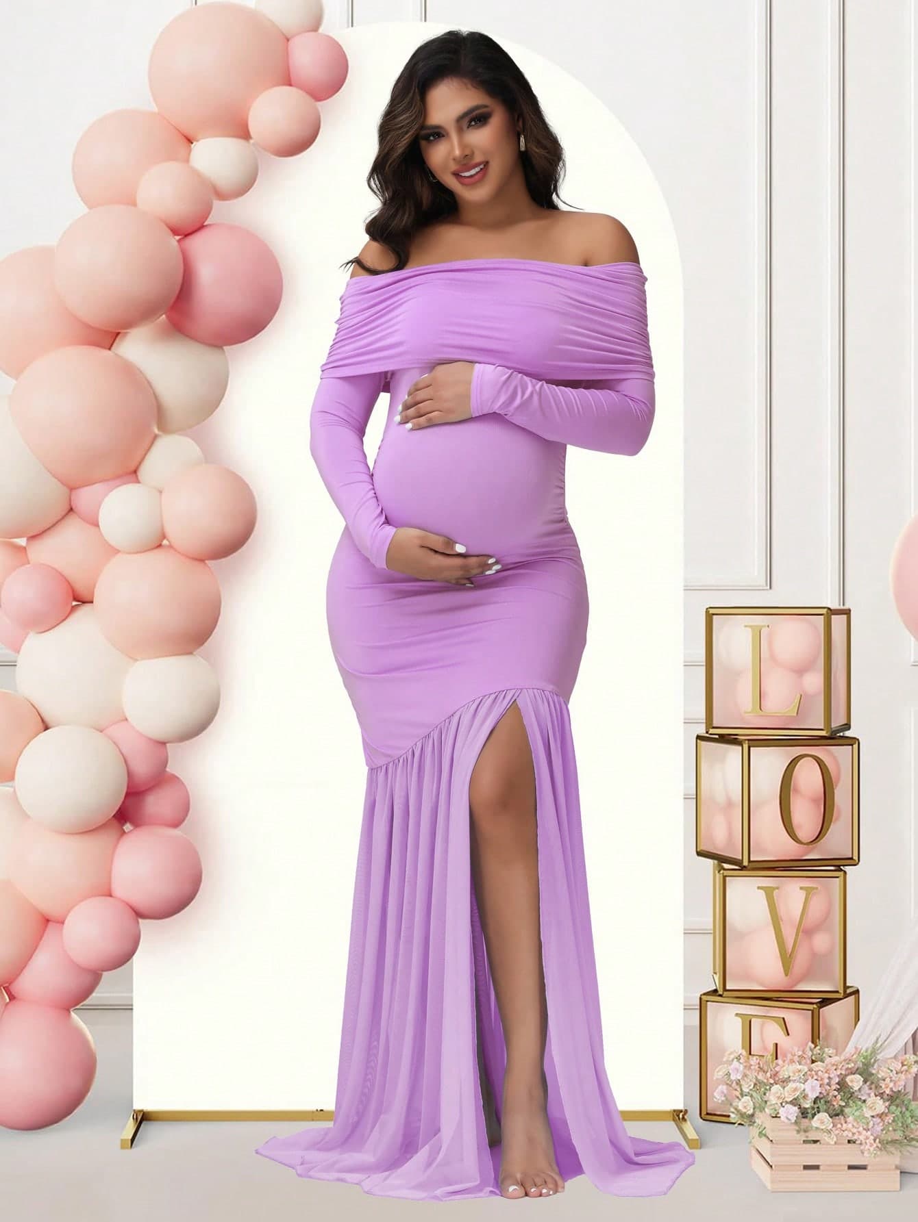 JustVH Maternity Open Shoulder Long Sleeve Dress, Solid Color Mesh Patchwork Slit Hem Gown, Suitable For Baby Shower Photo Shoot Spring