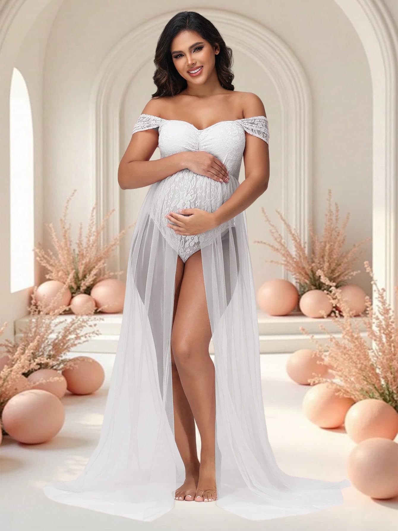 JustVH Maternity Lace Sheer Short Sleeve Romper With Sexy Mesh Hem, Suitable For Photoshoot White