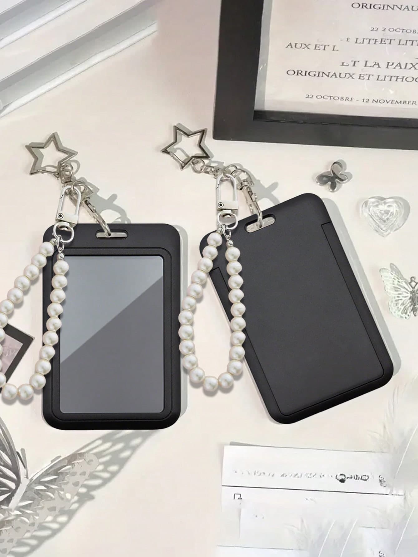 Black Card Holder With Star & Faux Pearl Pendant Charms, Can Be Used As Bag Decoration, Keychain, To Store ID Cards, Membership Cards, Photos, Address Cards, And As A Protective Case. Suitable For Daily Use, Decoration, Or As A Gift For Friends, Family, And Loved Ones On Occasions Like Valentine's Day, Birthday, Mother's Day, Back To School Season