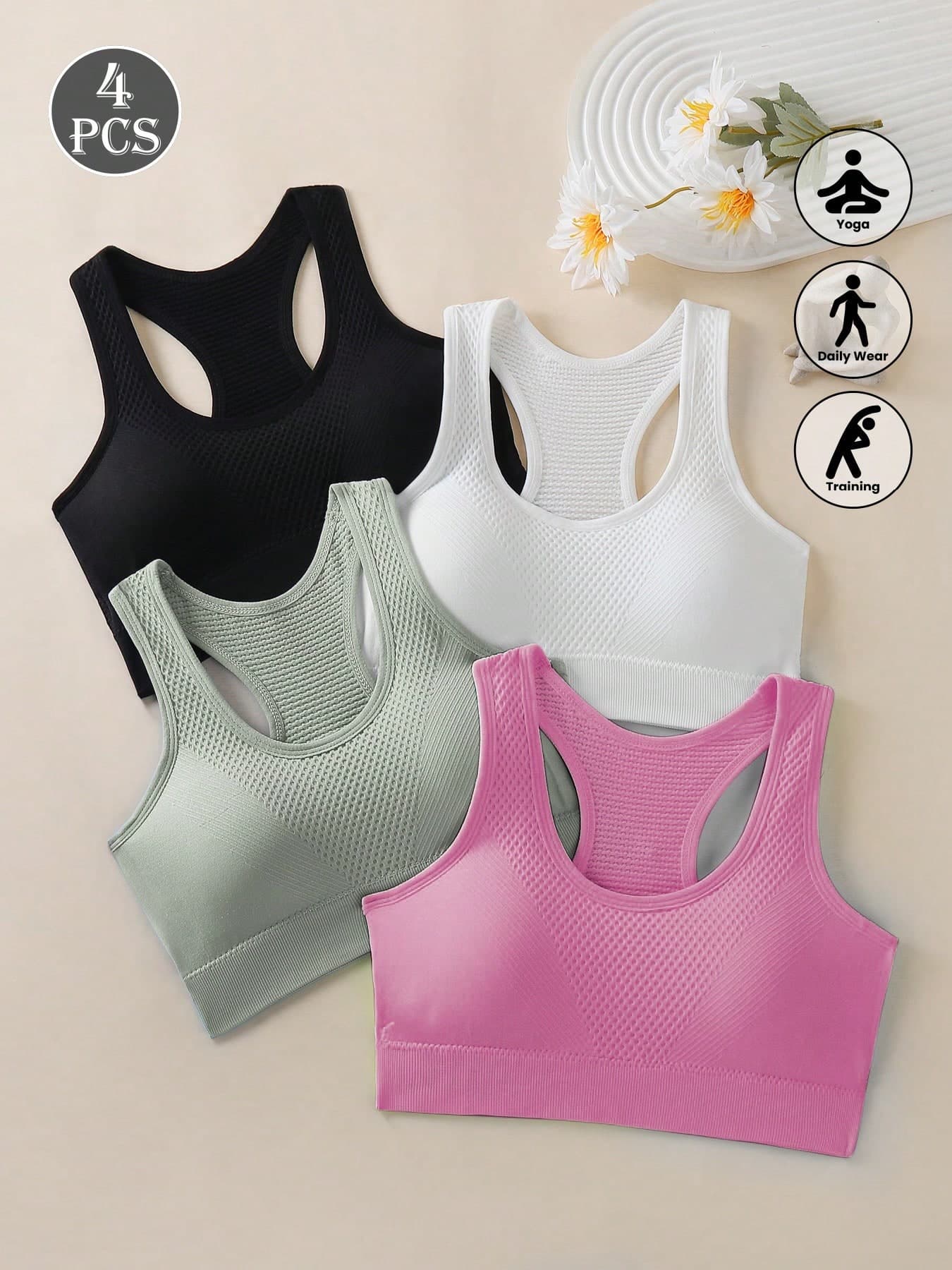 4pcs/Set Women Casual Sports Racerback Bras Fitness Yoga Workout Tank Tops For Outdoor Running