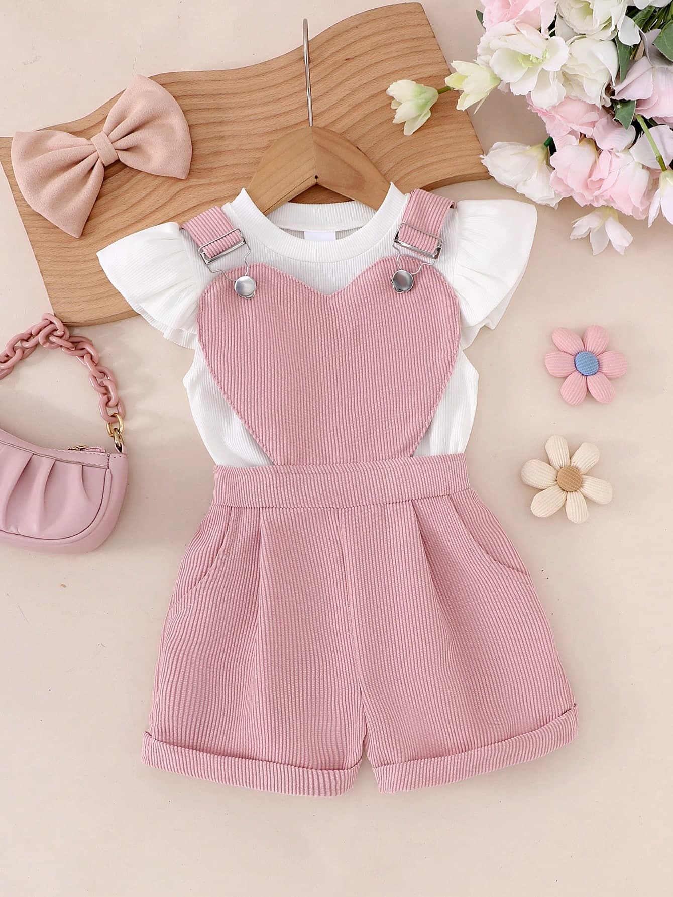 2pcs Toddler Girls Casual Outdoor Ribbed Flutter Sleeve Top & Corduroy Overalls Set, Mid-Weight, Spring/Summer