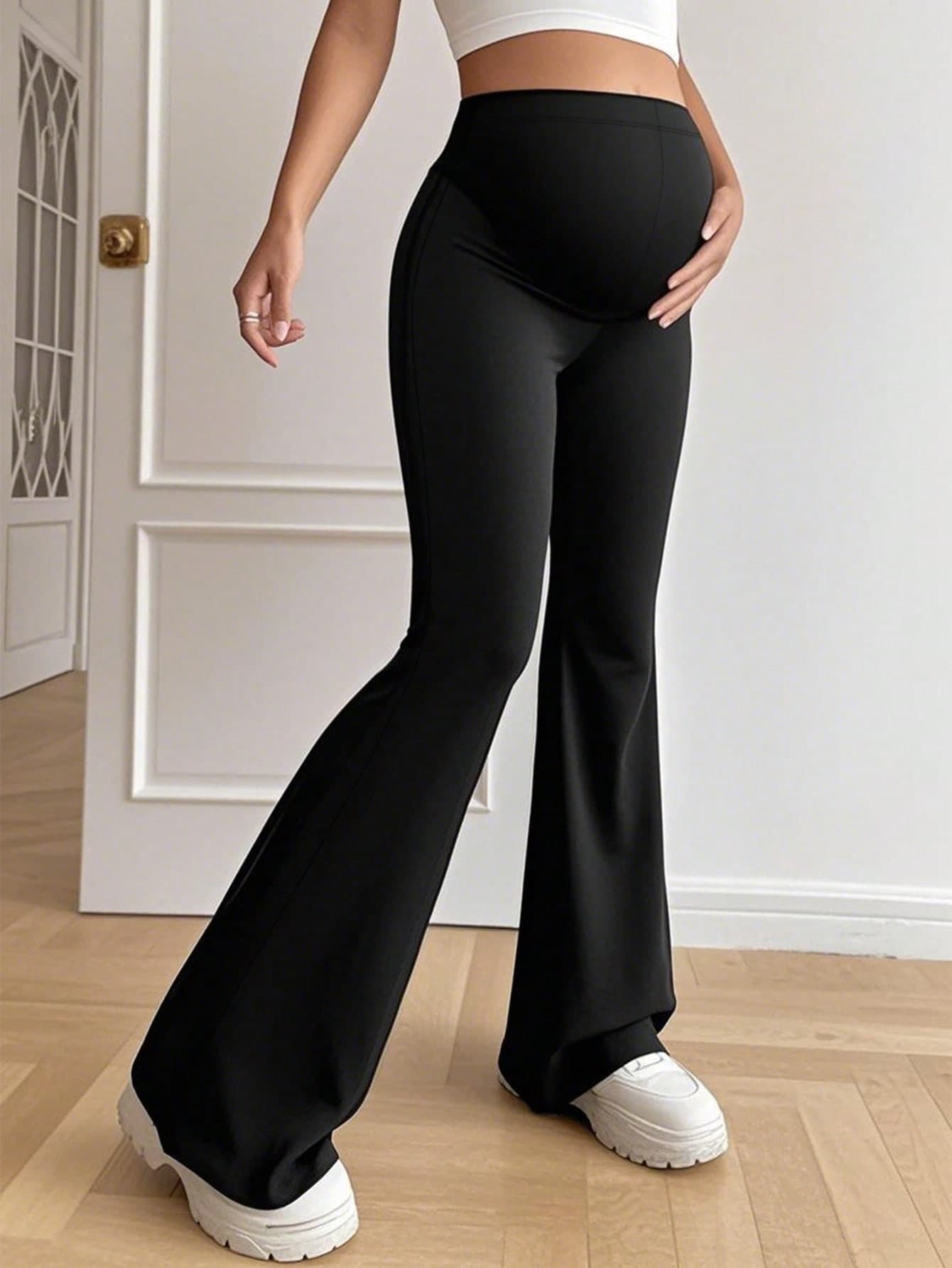 Women's Solid Color High Waist Elastic Casual Flare Pants, Maternity Pants Black