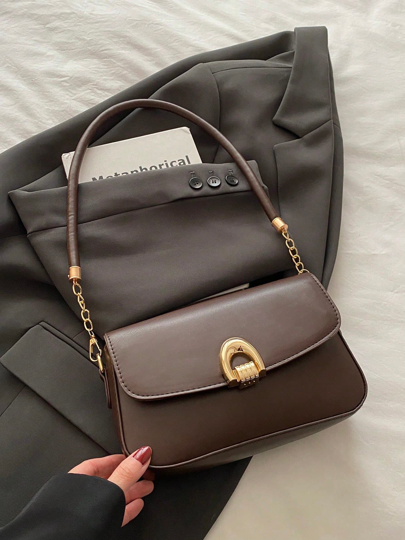 Fashionable Solid Color Metal Decor Multi-Functional Underarm Shoulder Bag, Suitable For Shopping,