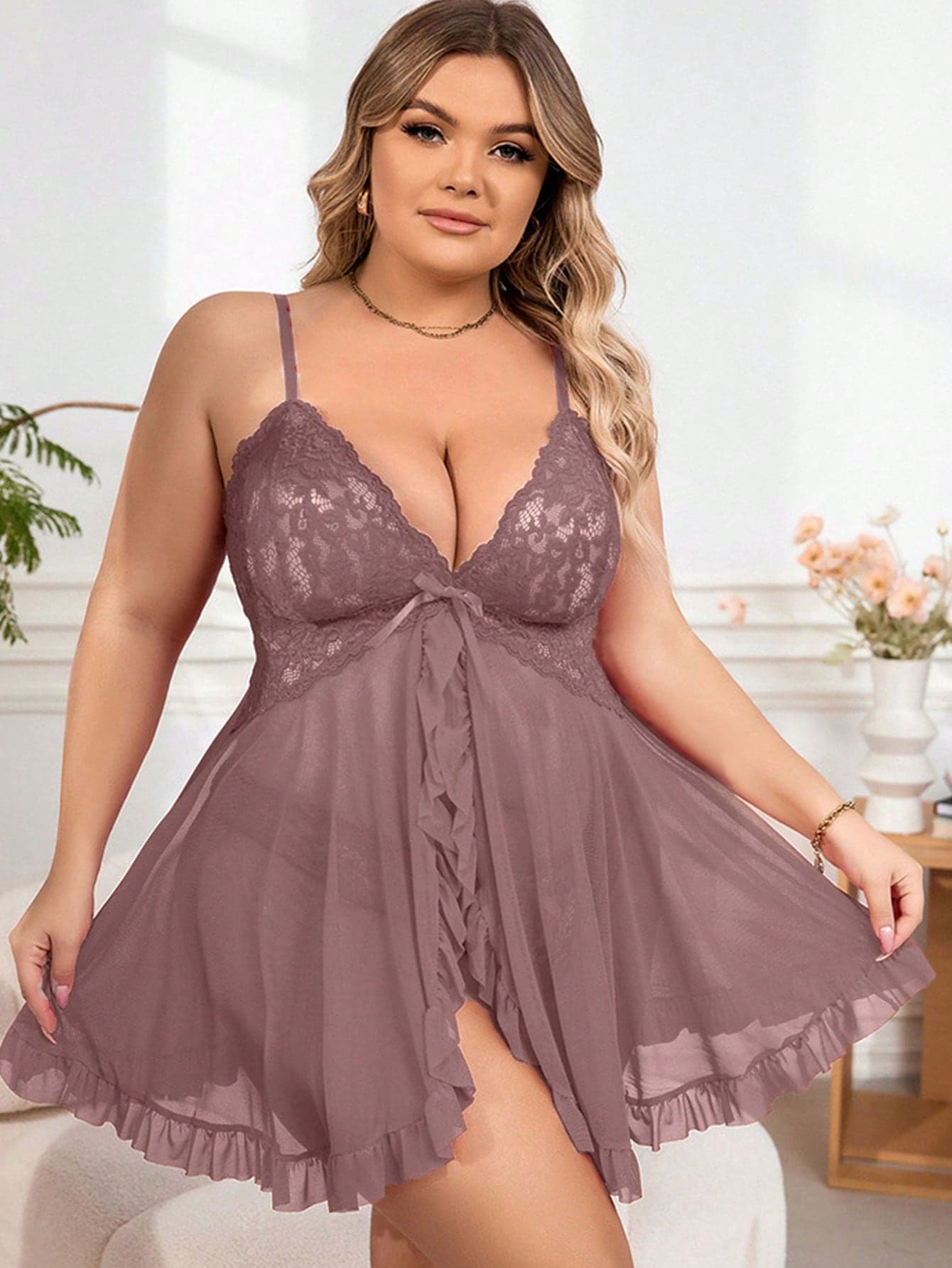 SOFUSEN Plus Size Women's Pajama Set, Sexy Mesh Camisole Nightgown And T-Back Panties, Sexy Sleepwear Suitable For Home Wear
