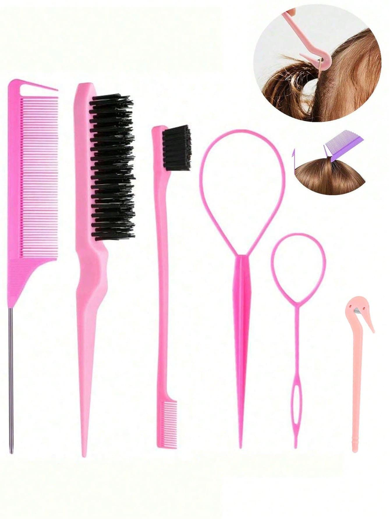 6Pcs Hair Styling Tool Set – Teasing Brush, Rat Tail Comb, Edge Brush & Hair Loop Tools For Braiding, Sectioning, And DIY Hairstyles