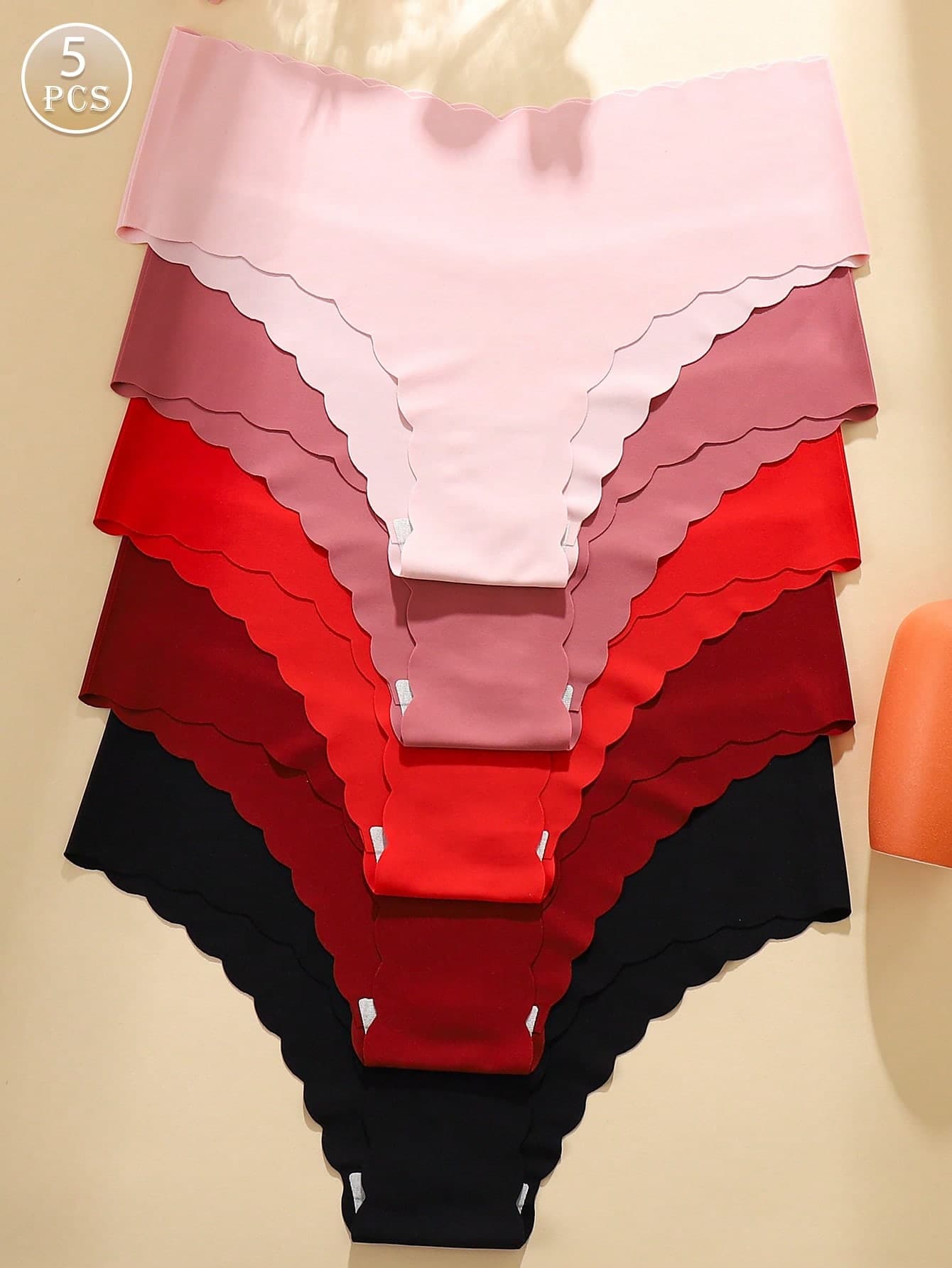5pcs Women's Seamless Panties Set, Solid Red & Black Colors, Sexy Comfort Fabric With Wavy Hem