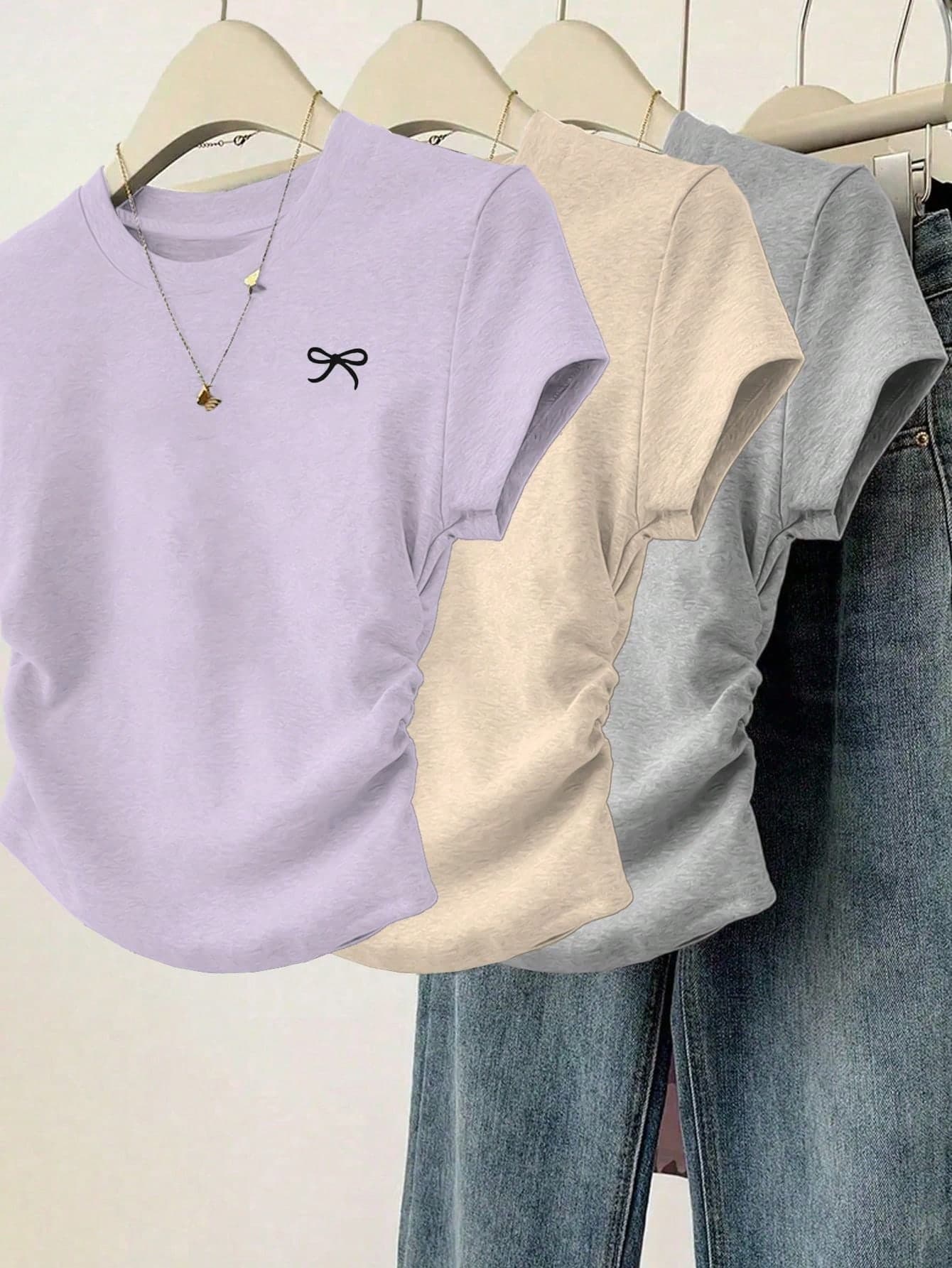3pcs Women Casual Slim Fit Bow Detail Solid Color Pleated Crew Neck Short Sleeve T-Shirt Set Summer