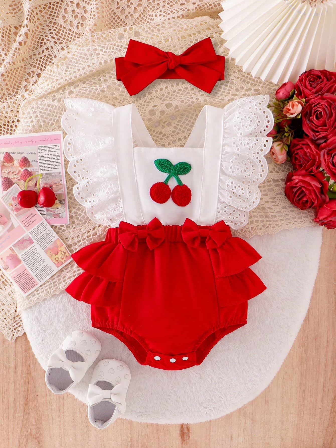Baby Girl 2pcs Set Cherry Embroidery Ruffle Color Blocking Bodysuit With Headband