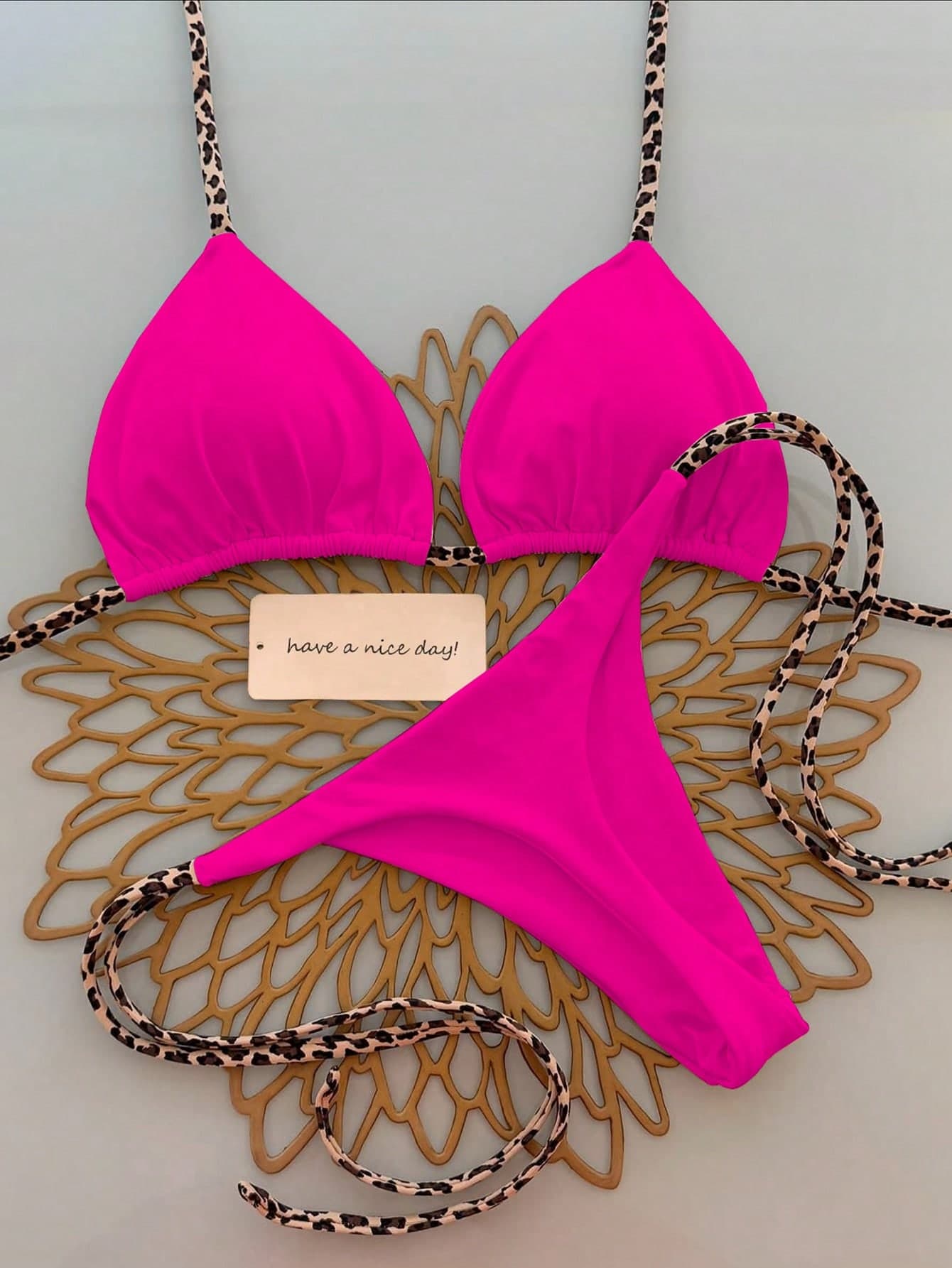 2pcs Leopard Print Halter Tie String Sexy Women Bikini Swimsuit Vacation Beach Summer