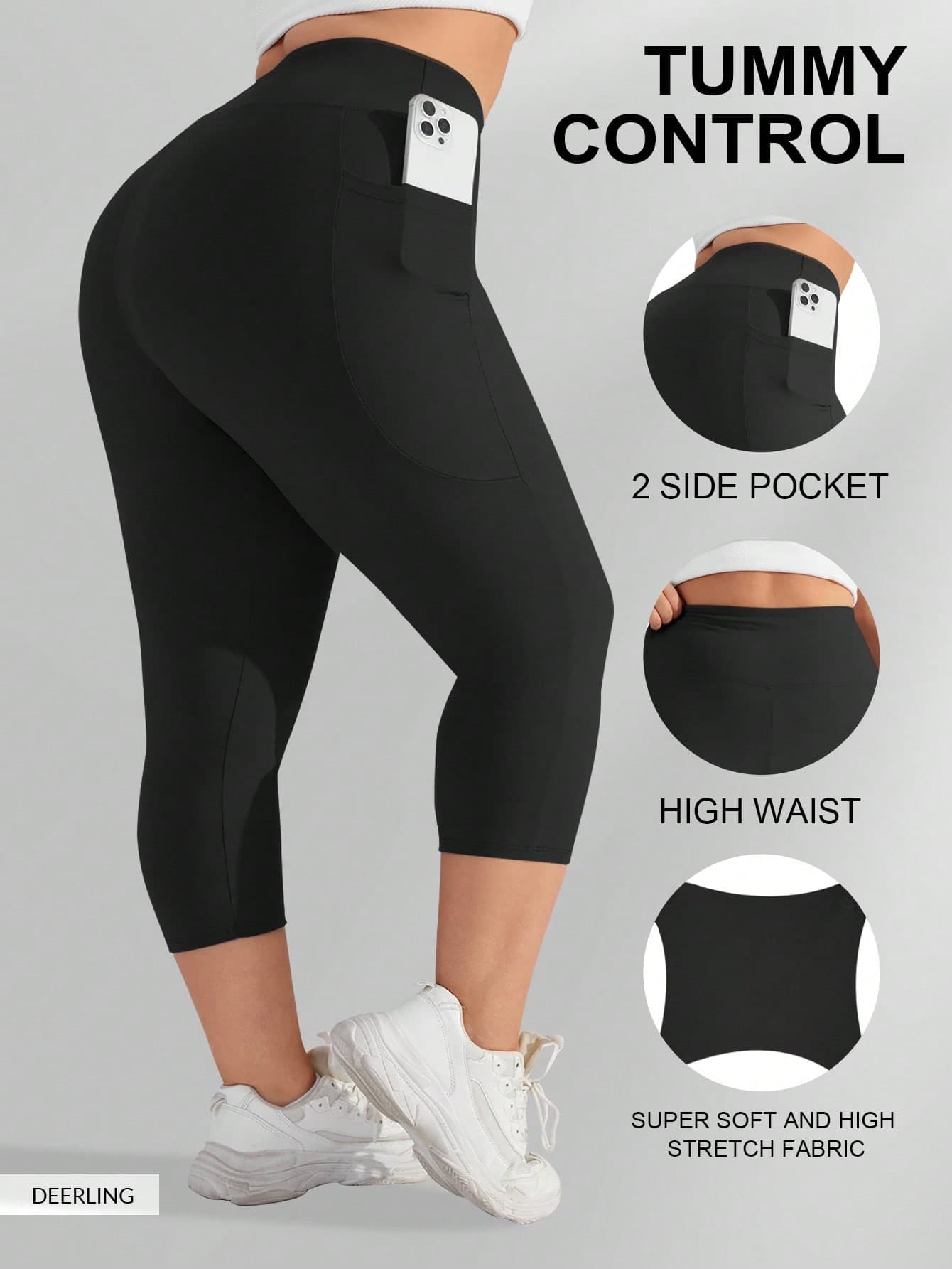 Plus Size Women's High Waist Compression Capri Leggings, Elastic Yoga Pants (XL-5X) - Spandex Stretchy Fitted Sports