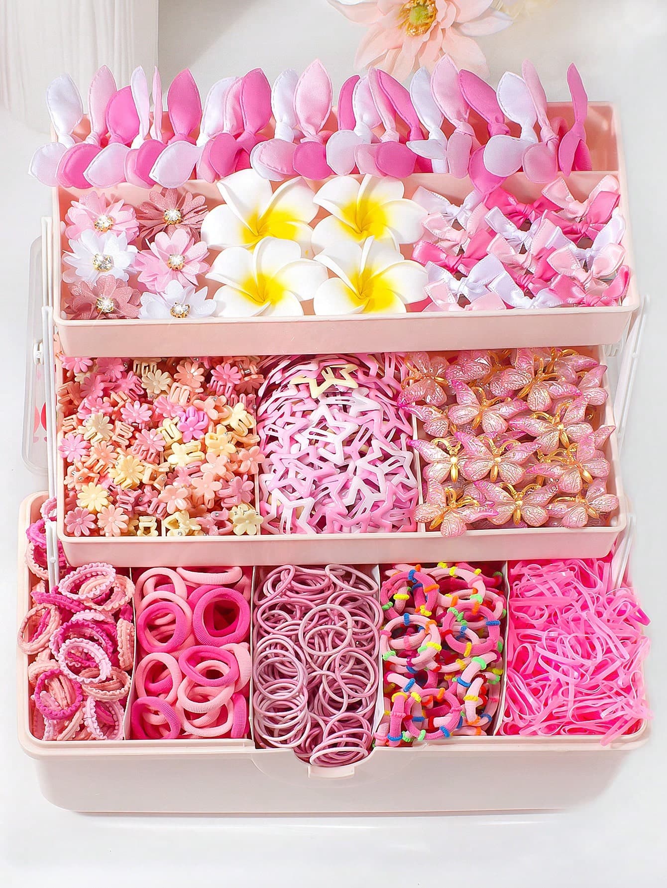 1173pcs Girls' Pink Princess Style Elastic Cute Hair Bands, Soft Stretchy Rubber Bands, 3D Butterfly & Floral Hair Clips, Lovely Bows Hair Accessories For Daily Wear