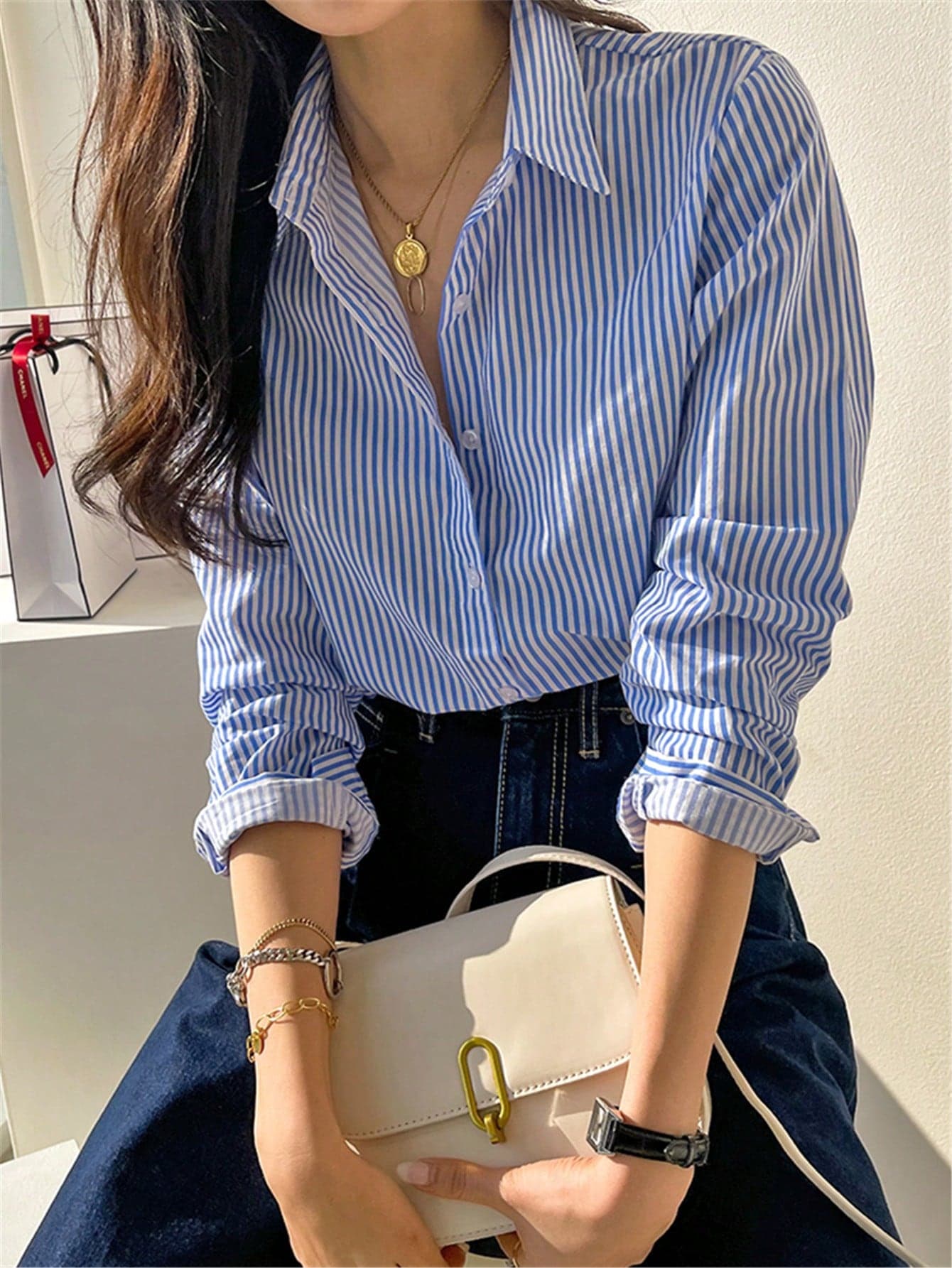 Cute Long Sleeve Button-Up Striped Retro Elegant Casual Blouse For Women, Spring/Summer Holiday/Valentine's Day