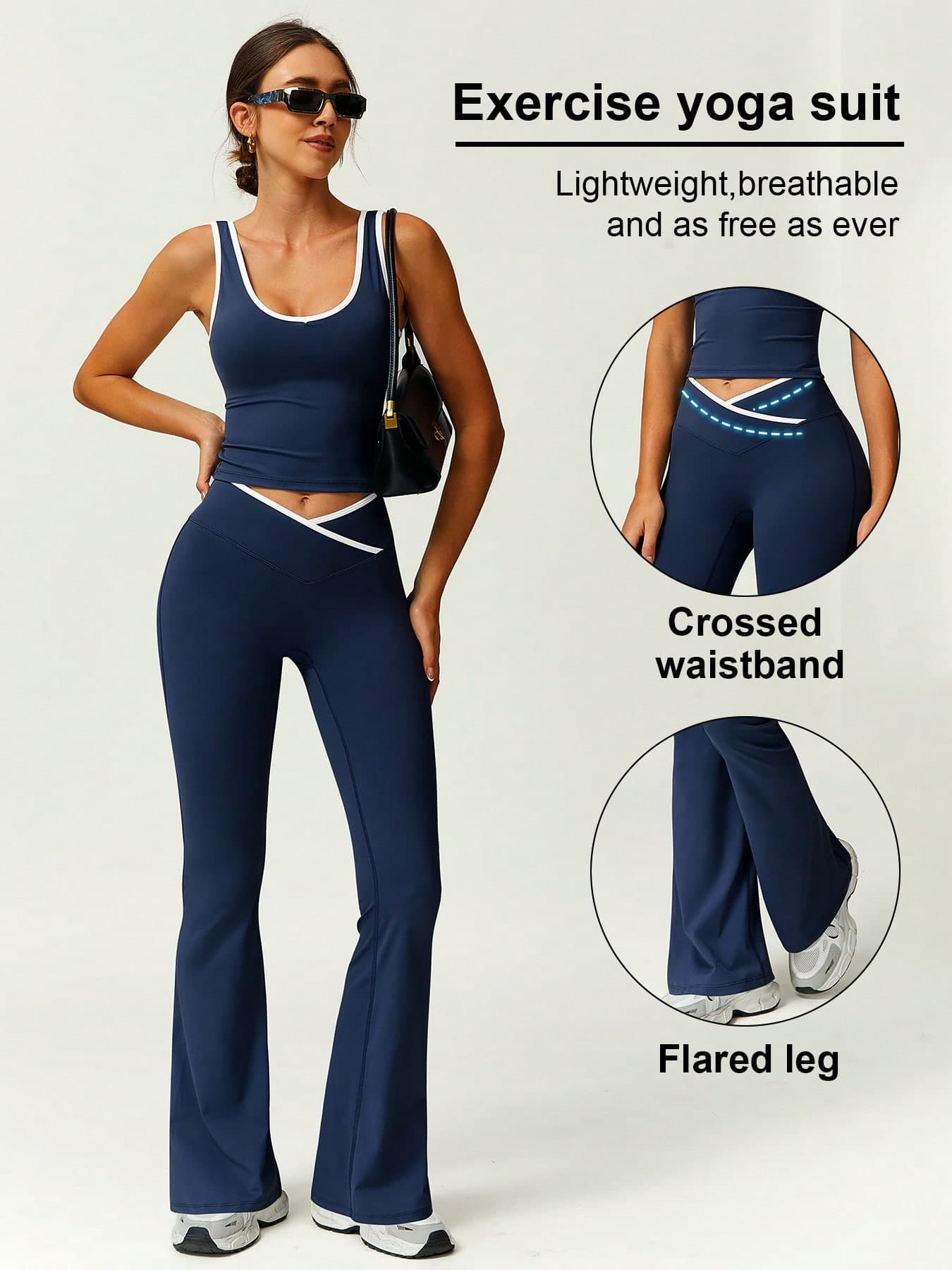 2pcs Women Sports Vest And Flare Pants Set, Contrast Color, Fashion Waist Design, Versatile Summer