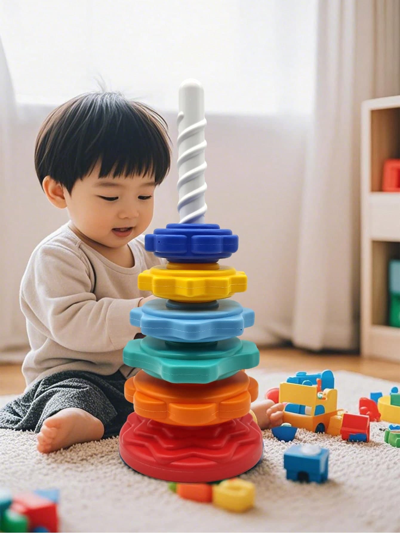 Rainbow Tower Rotating Stacking Toy, Colorful Ring Toss, Early Educational Puzzle Toy For Kids, Shape Matching Blocks, Suitable For Back To School, Halloween, Christmas And Other Holidays