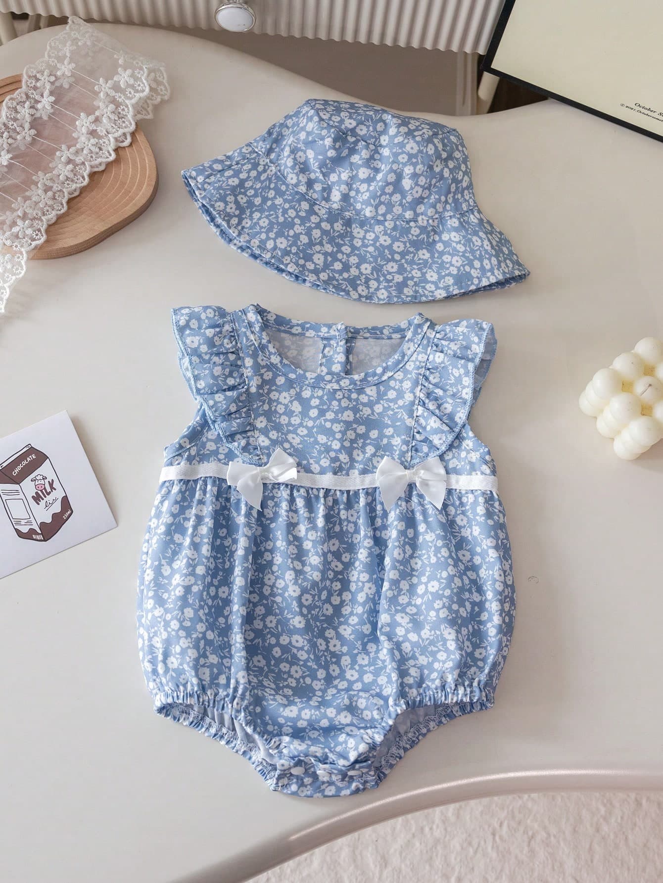 2pcs/Set Baby Girl Newborn Cute Stylish Sleeveless Bodysuit & Hat Set, Summer