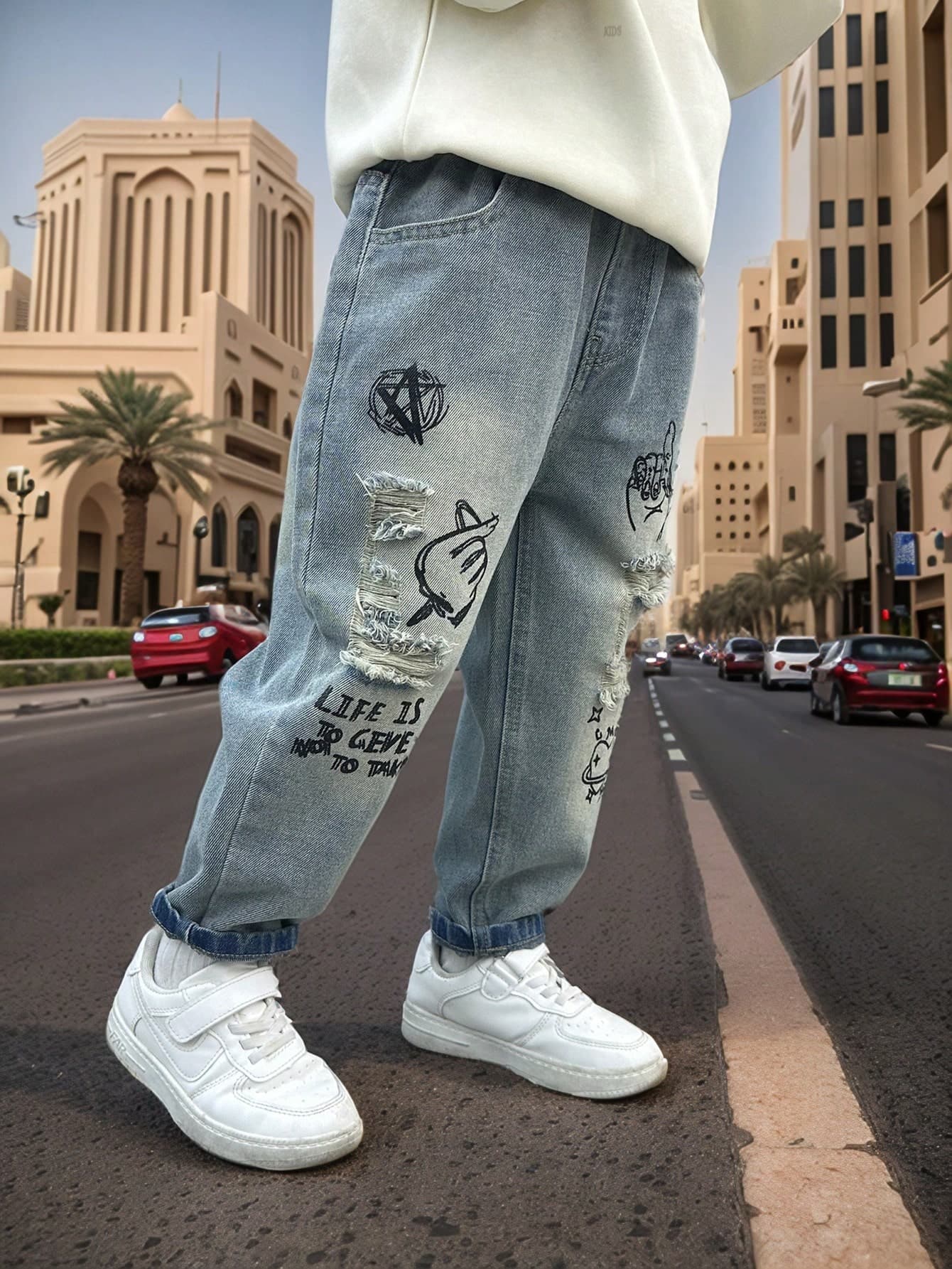 Young Boy Spring Wear Distressed Embroidered Jeans With Ripped Pockets