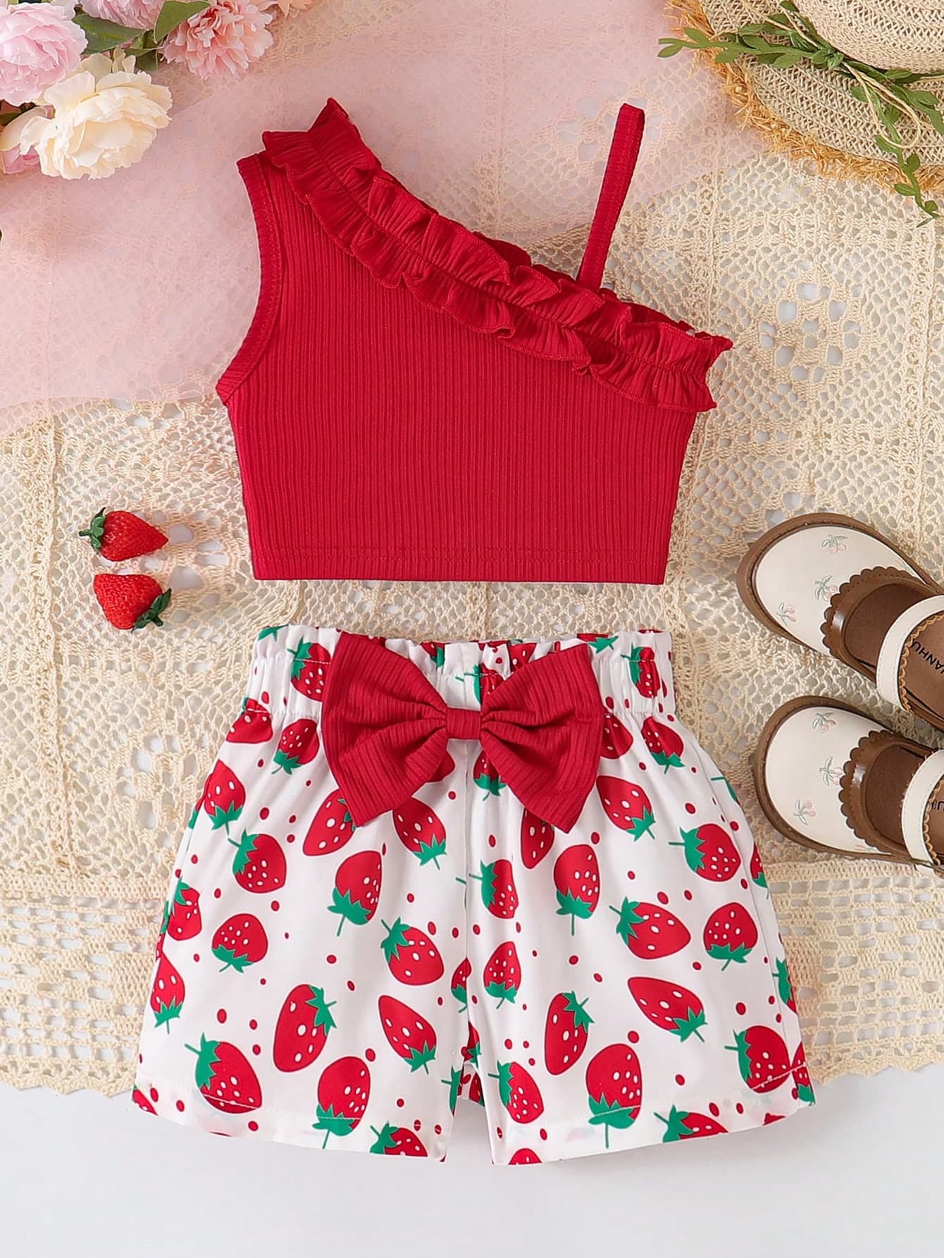 Young Girls Frill Trim Sleeveless Camisole Top + Sunflower All-Over Print Bowknot Shorts 2-Piece Set