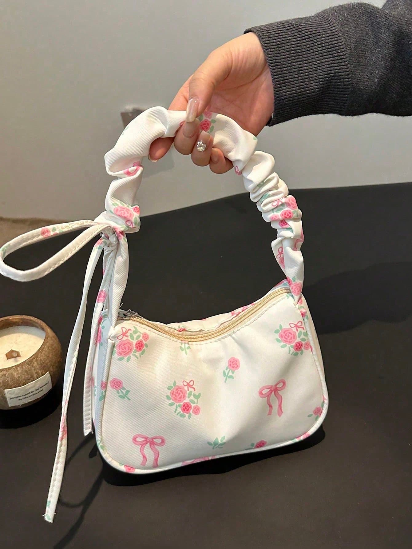 1pc White Nylon Floral Print Zipper Casual Shoulder Bag, Versatile & Fashionable For Women Daily Use, Cream Bag