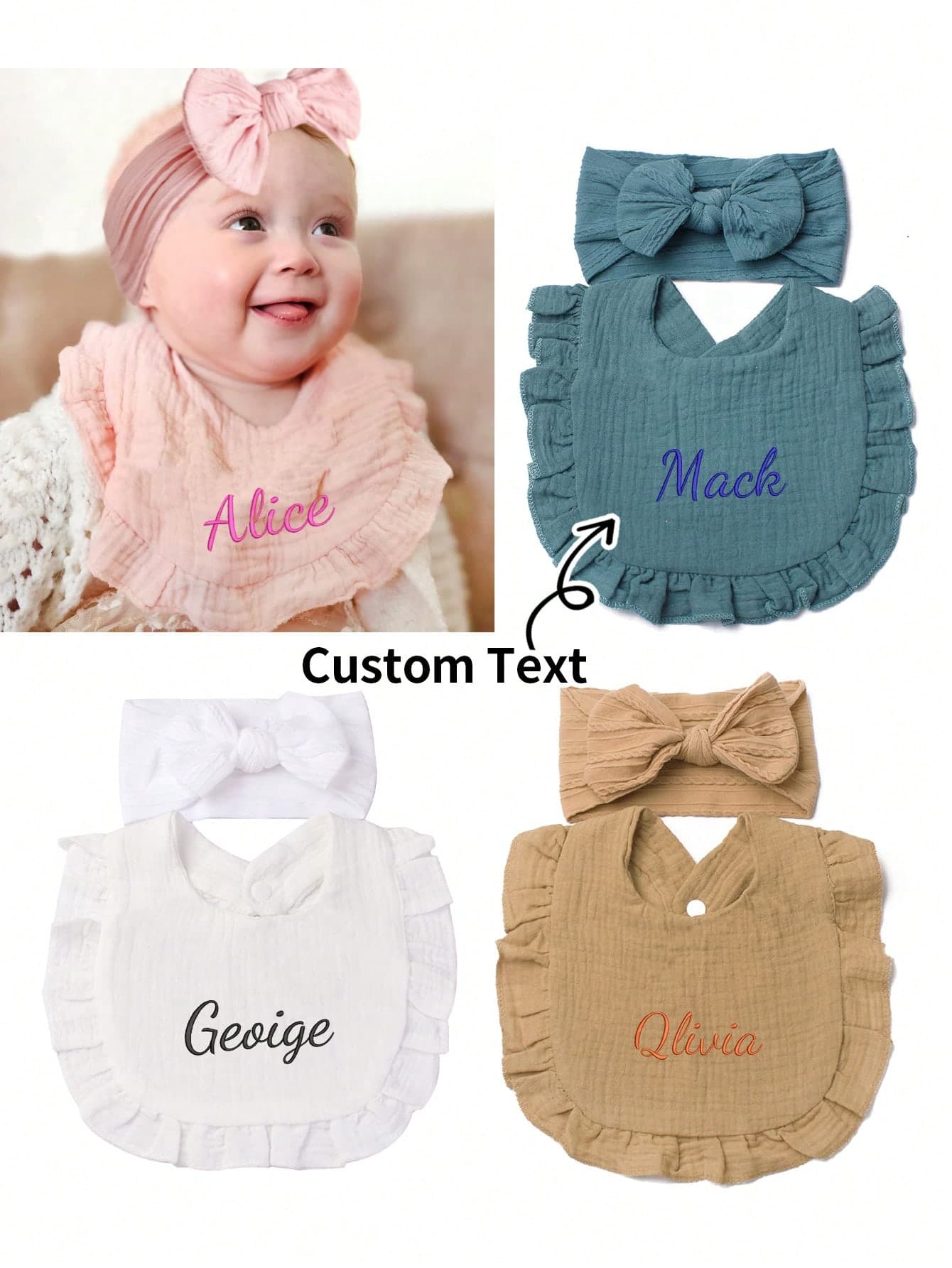 A Set Of Personalized Baby Girl Bibs, Custom-Made Baby Name Bibs, Embroidered Name Bibs, Baby Girl Gifts, Gifts For Daughters, Ideal Gifts For Baby Showers. Monogrammed