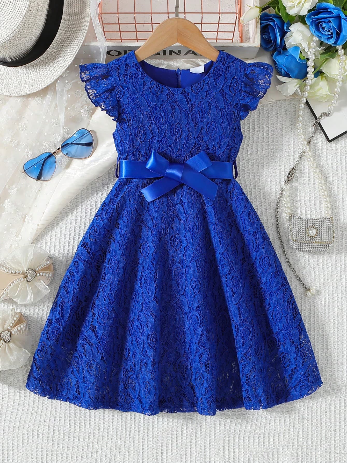 coviviky 3-10 Years Old Girls' Elegant Solid Color Lace Round Neck Cap Sleeve Zipper Sweet Cute Dress With Belt, Suitable For Daily Casual, Birthday Party, Gift For Kids