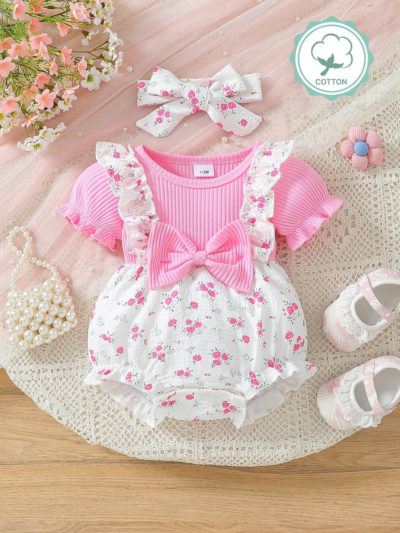 Baby Girls' Cute Ditsy Floral Ruffle Collar Textured Bodysuit With Headband, Summer