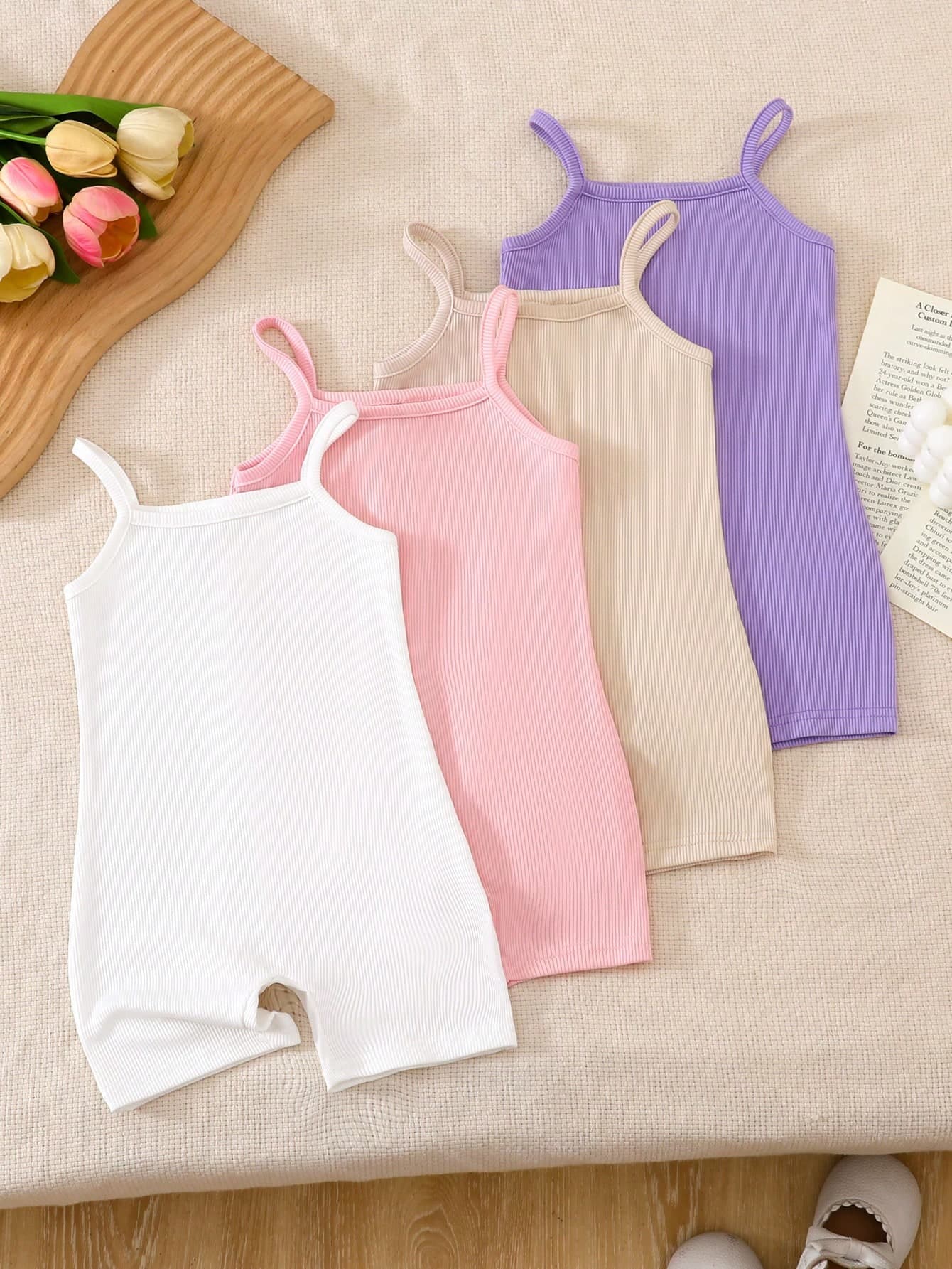 4pcs/Set Baby Girl Fashion Casual Minimalist Romper In Pink, White, Purple, Light Khaki, Suitable For Home, Leisure, Vacation, Outdoor Wear, Summer