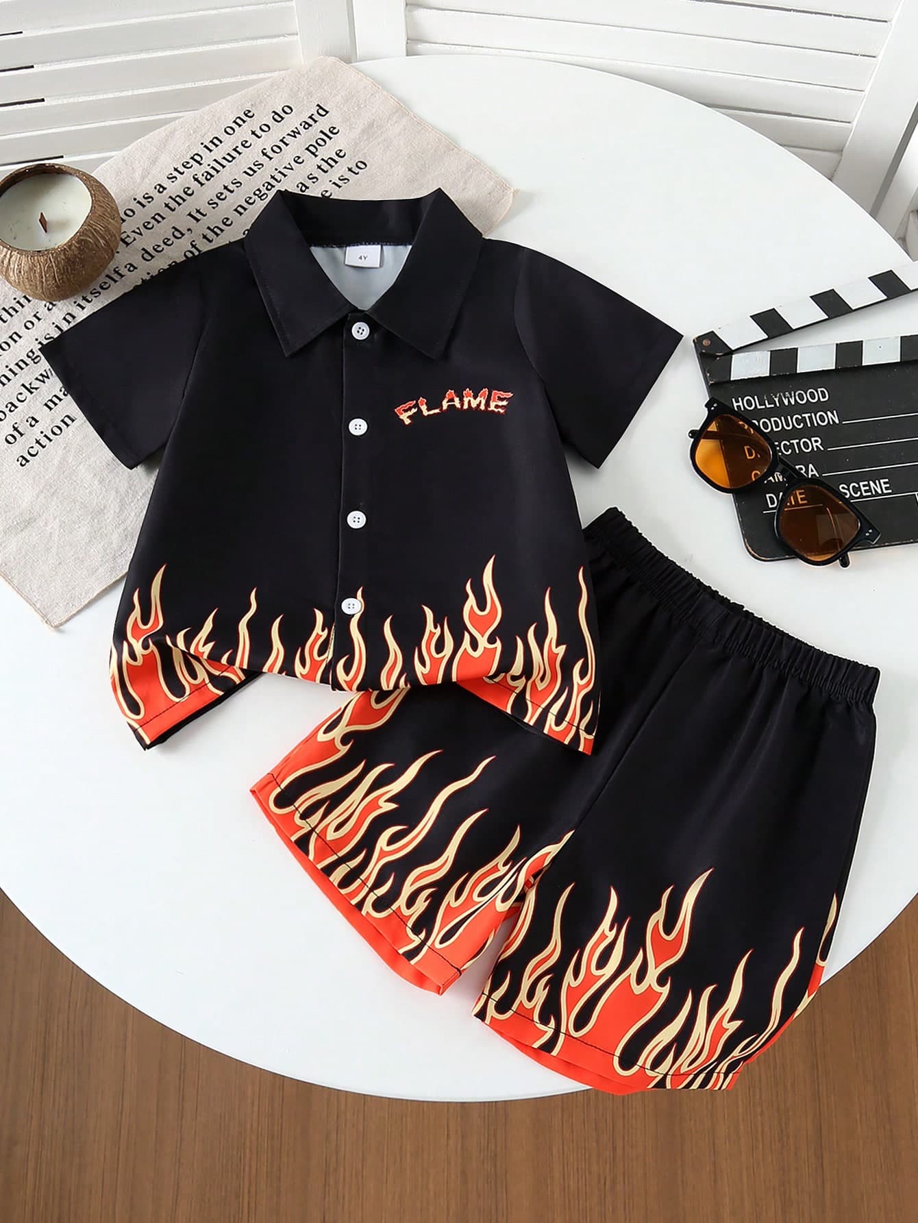 2pcs/Set Boys Flame Print Short Sleeve Collared Shirt And Shorts Outfit, Summer Boys Clothing, Suitable For Party, Daily And Outdoor Wear, As A Gift
