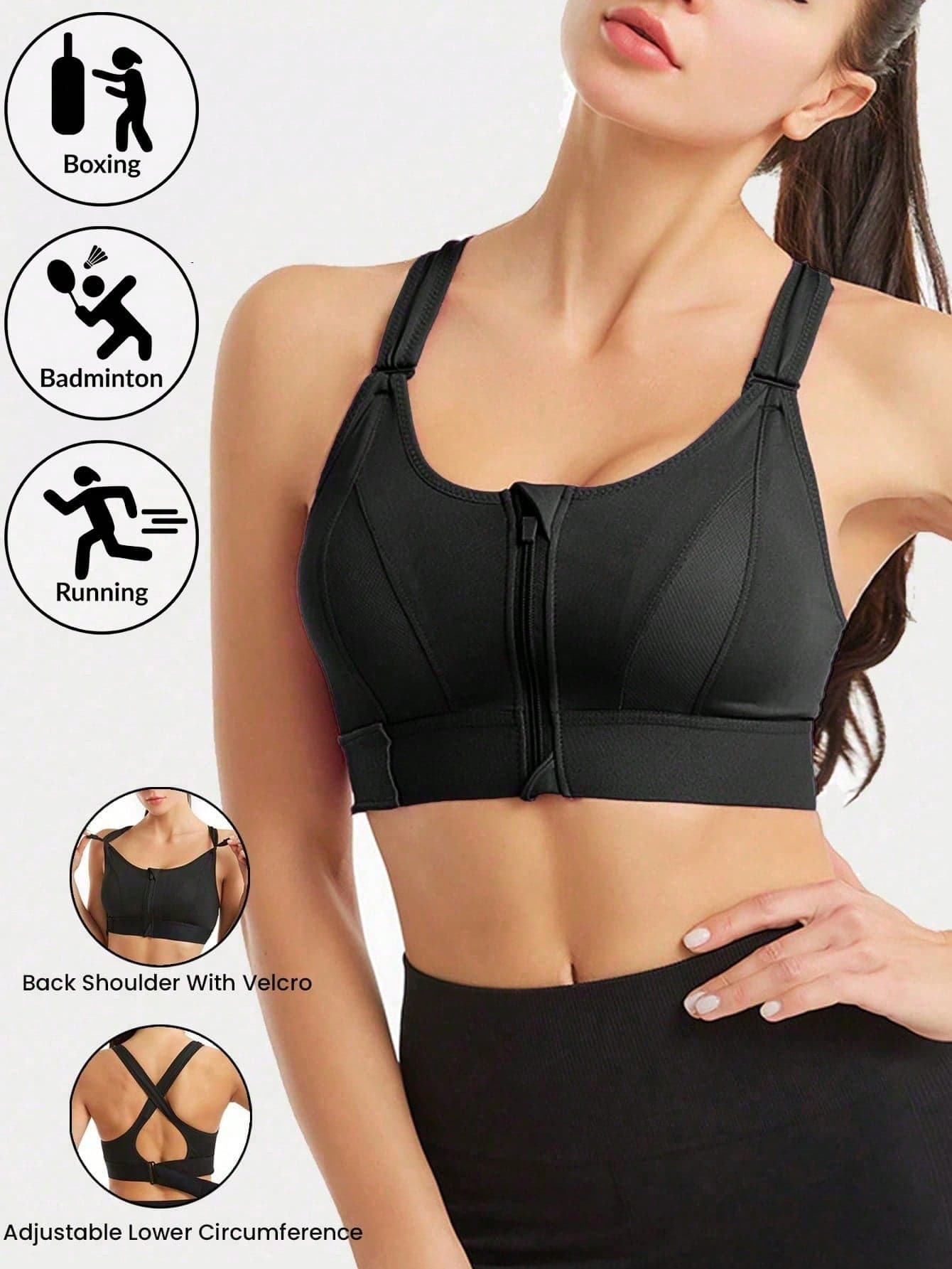 Women's Sports Bra Cropped Tank Top, Front Zipper Adjustable Strap, Shock-Absorbing Fitness Yoga Bra