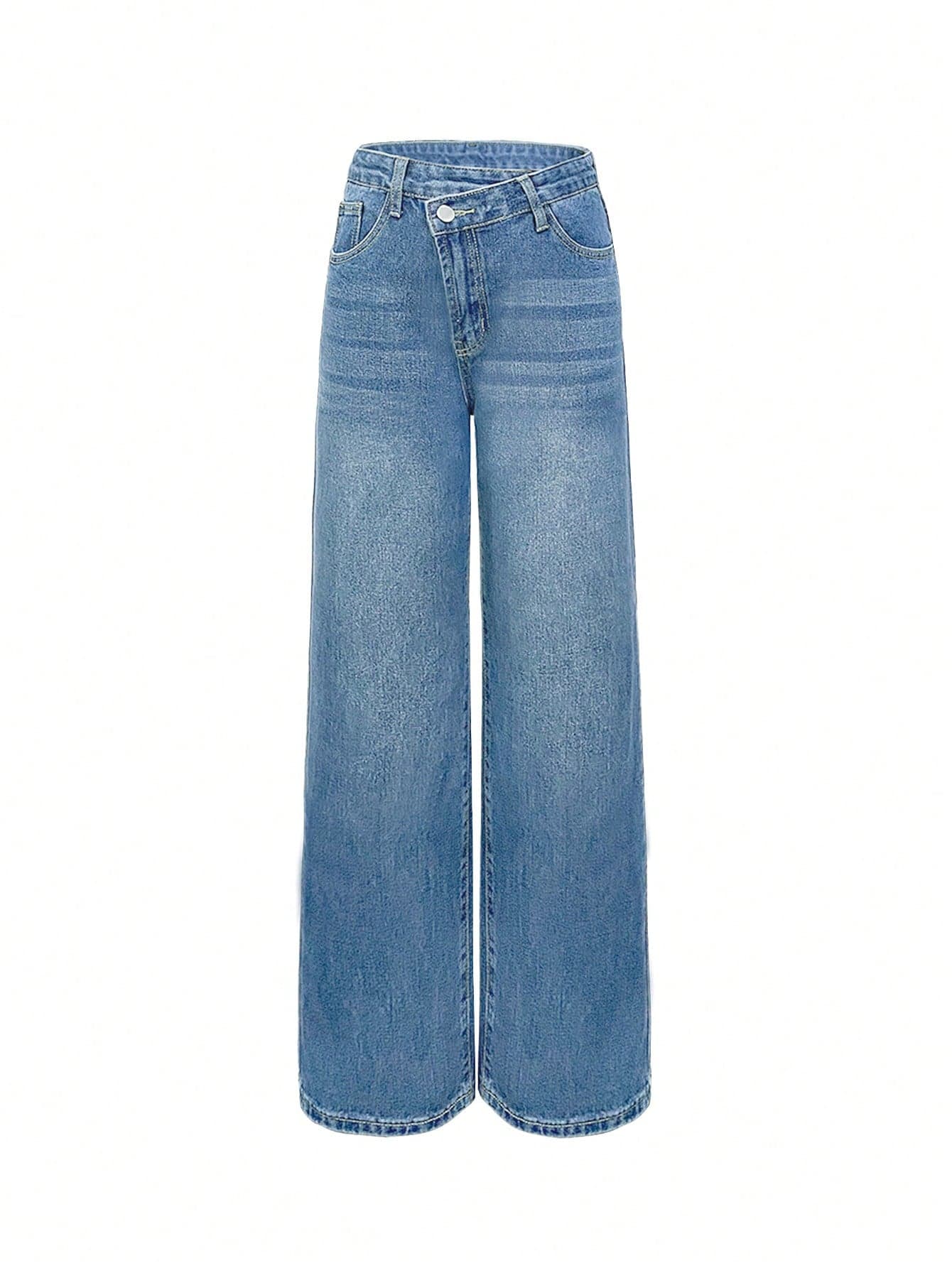 Vintage Blue Denim Jeans, Women's Casual Straight Loose Fit Slant Button Jeans, Boyfriend Style Fashion , Spring/Summer