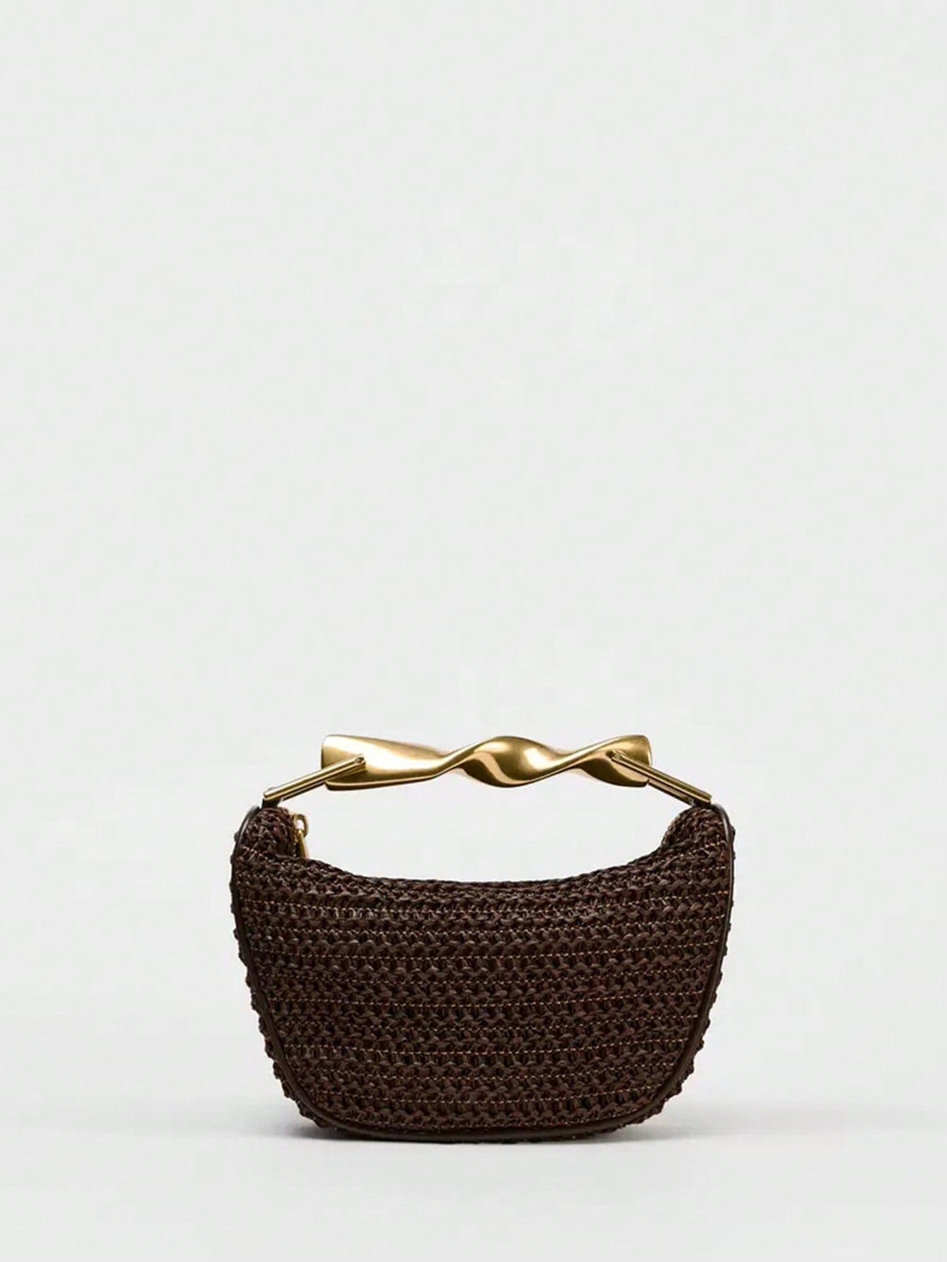 1pc Retro Coffee Color Beach Bag With Metal Handle And Chain Strap, Mini Woven Crossbody Bag For Summer Vacation, Woven Bag