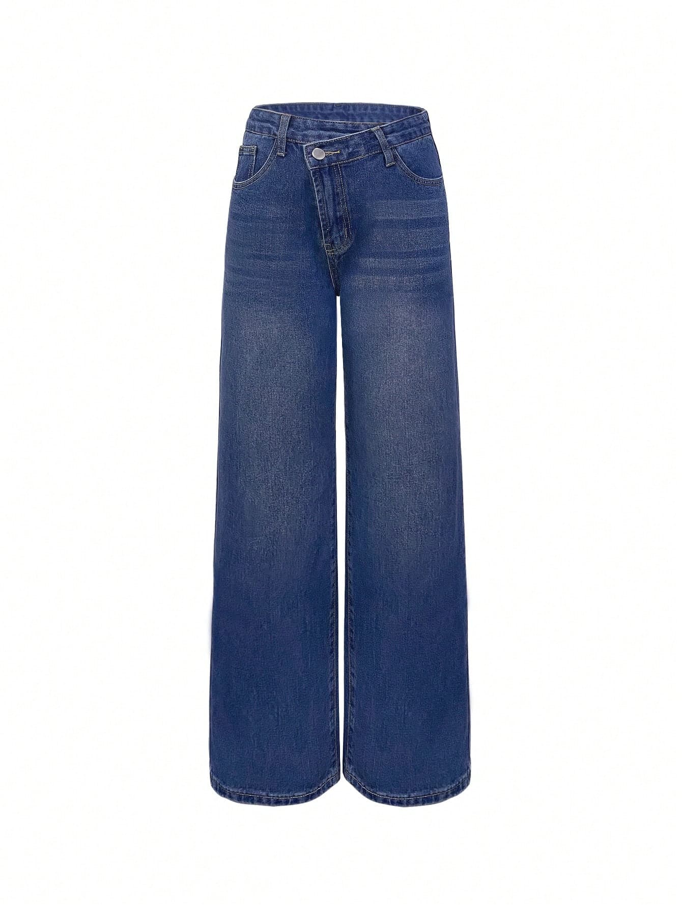 Vintage Blue Denim Jeans, Women's Casual Straight Loose Fit Slant Button Jeans, Fashionable For Spring/Summer