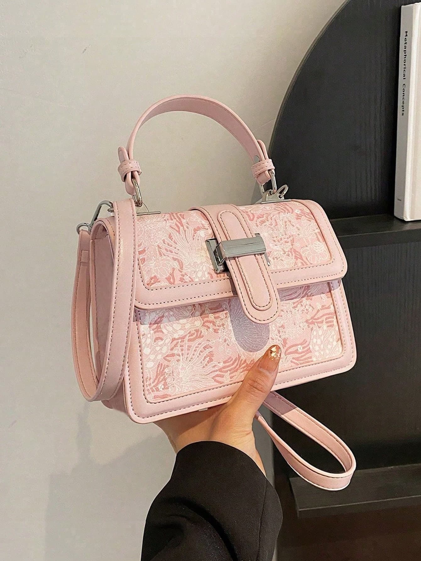 Mini Flower Graphic Square Bag Top Handle Flap , Pink