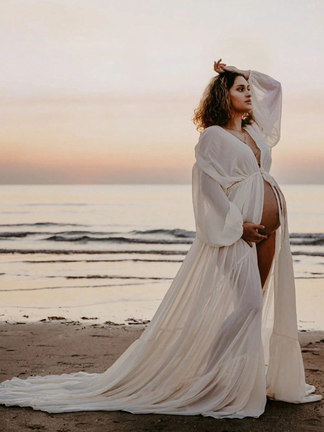 JustVH Maternity Chiffon Ruffle Hem Sheer Long Robe, Suitable For Maternity Photoshoot, Solid Color Women Dress Spring White
