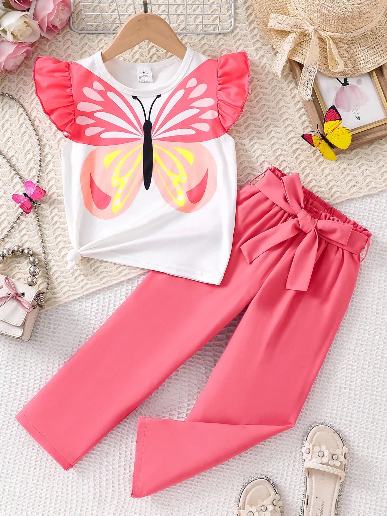 2pcs/Set Girls Summer Outfit, Toddler Butterfly Print Flutter Sleeve Round Neck Cap Sleeve Top + Elastic Waist Long Pants, Versatile Daily Wear Set