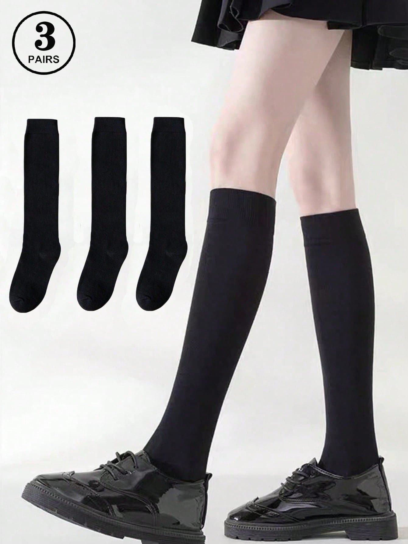 3 Pairs Solid Color Versatile Casual Women Over The Knee Socks, Spring & Autumn, Cozy