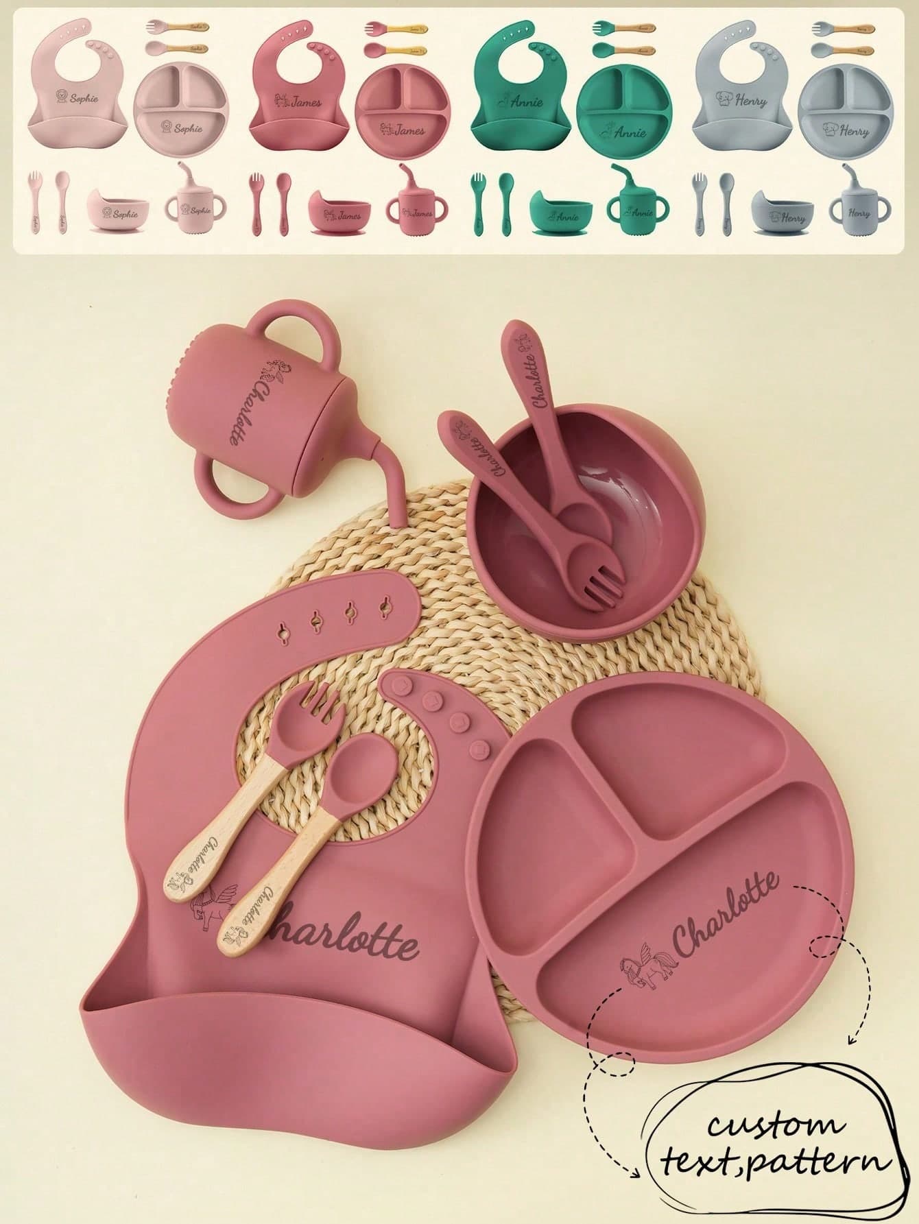 1pc/2PCS/8PCS Print On Demand Baby Silicone Tableware Set Portable Soft Spoons Forks Utensils Bib Suction Bowl Plate Sippy Cup Silicone Meal Tray