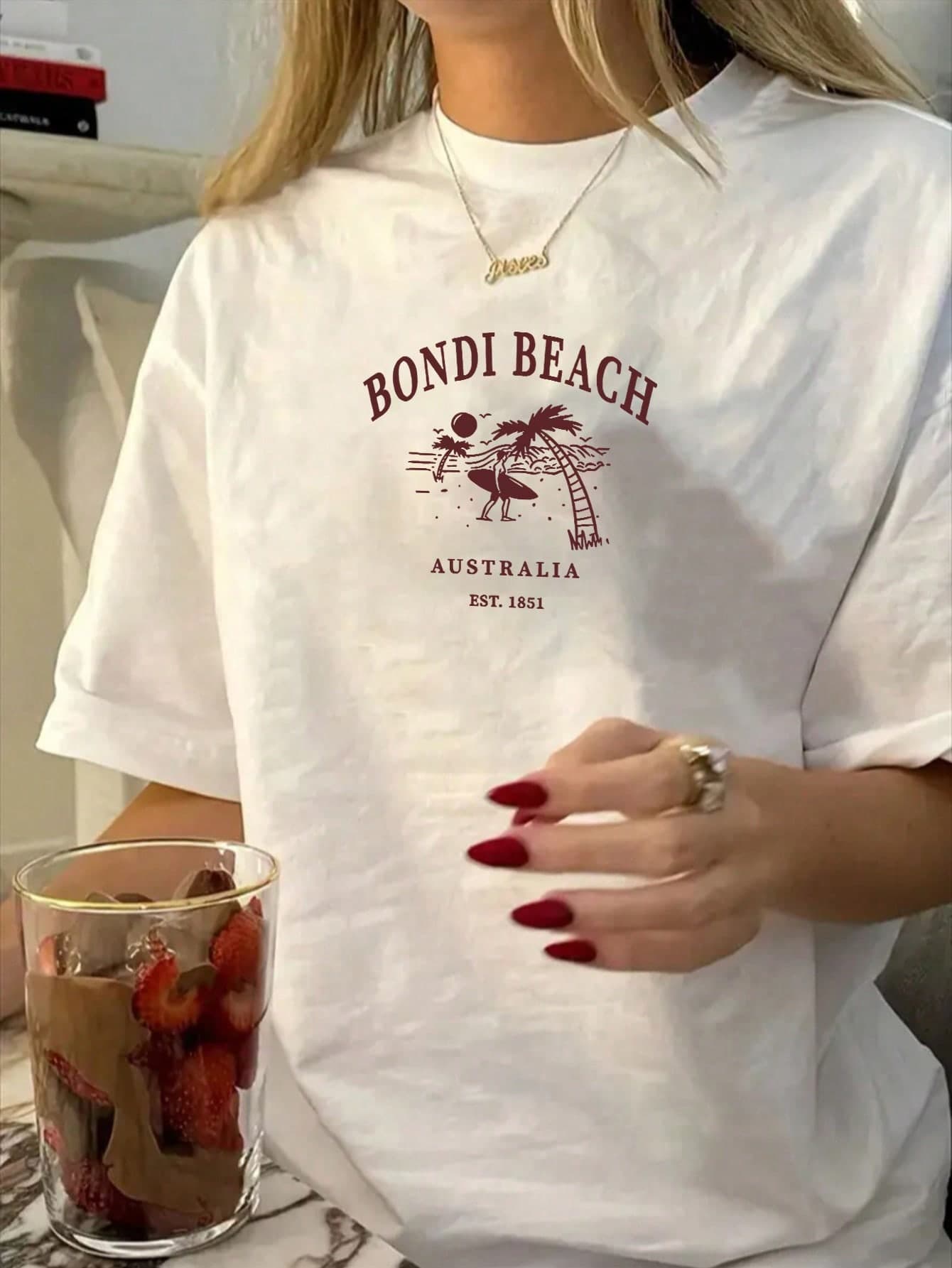 Women's Summer Bondi Beach Print Casual Simple Loose Everyday Street Style Short-Sleeve T-Shirt Top, Beach Top White