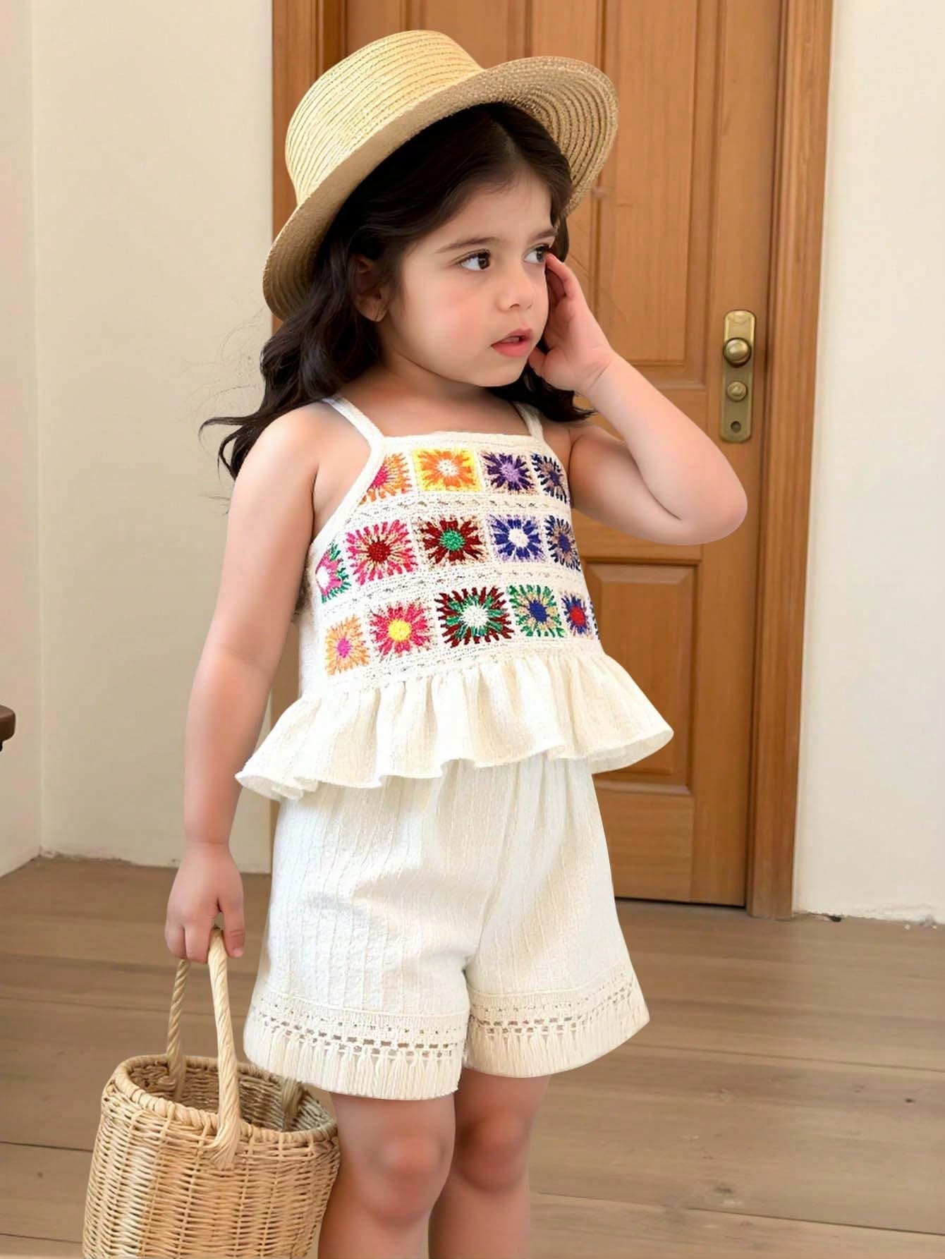 2pcs/Set Young Girl Casual Colorful Ruffle Striped Tank Top & Shorts Set, Suitable For Outdoor, Daily, Casual, Holiday In Summer