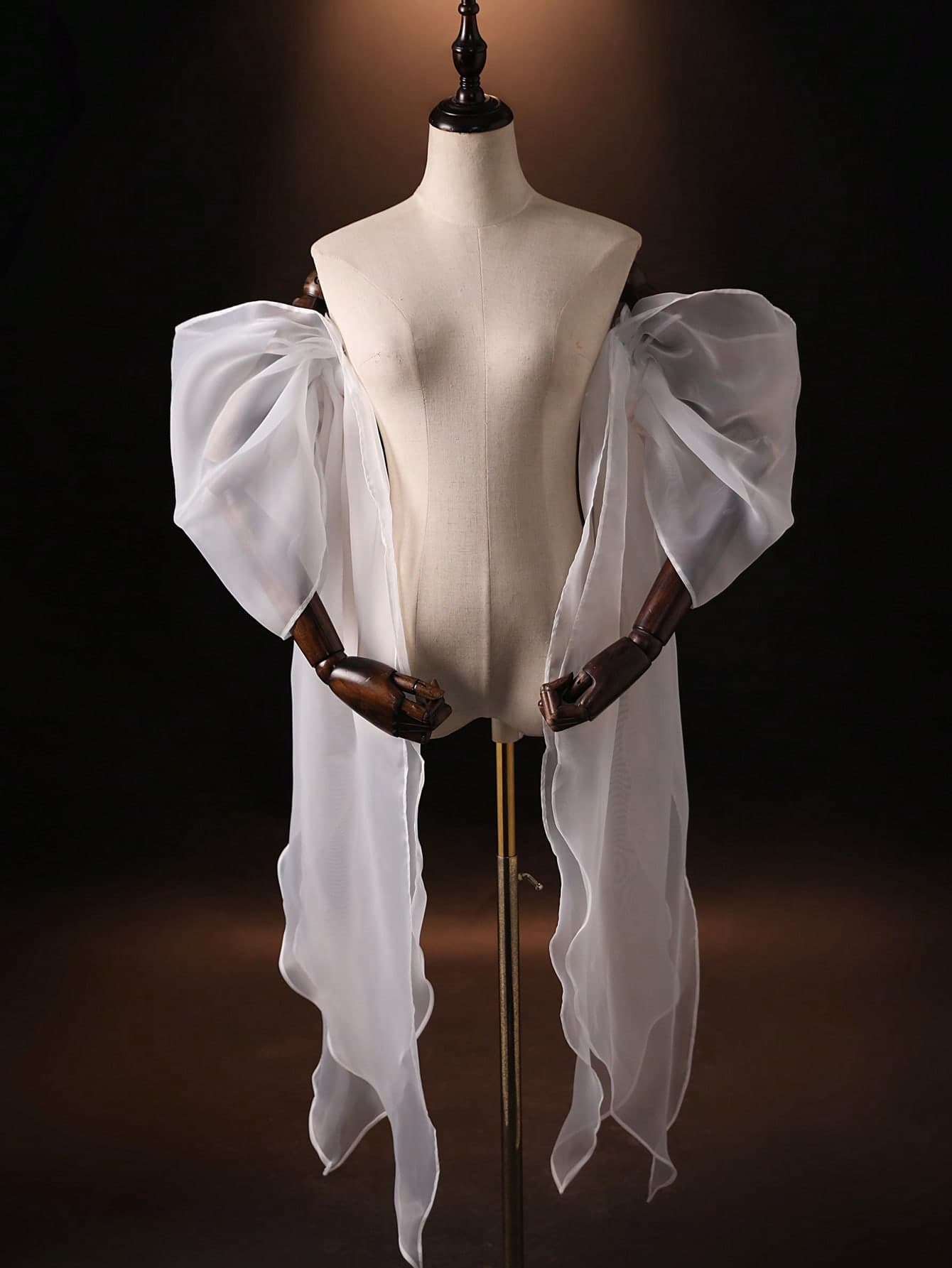 1 Pair Long White Sheer Chiffon Detachable Bridal Arm Sleeves, Crystal Tulle Flowy Wrist Cuffs, Versatile Accessory For Wedding Gown, Dress, Cosplay, Photo Shoot Props